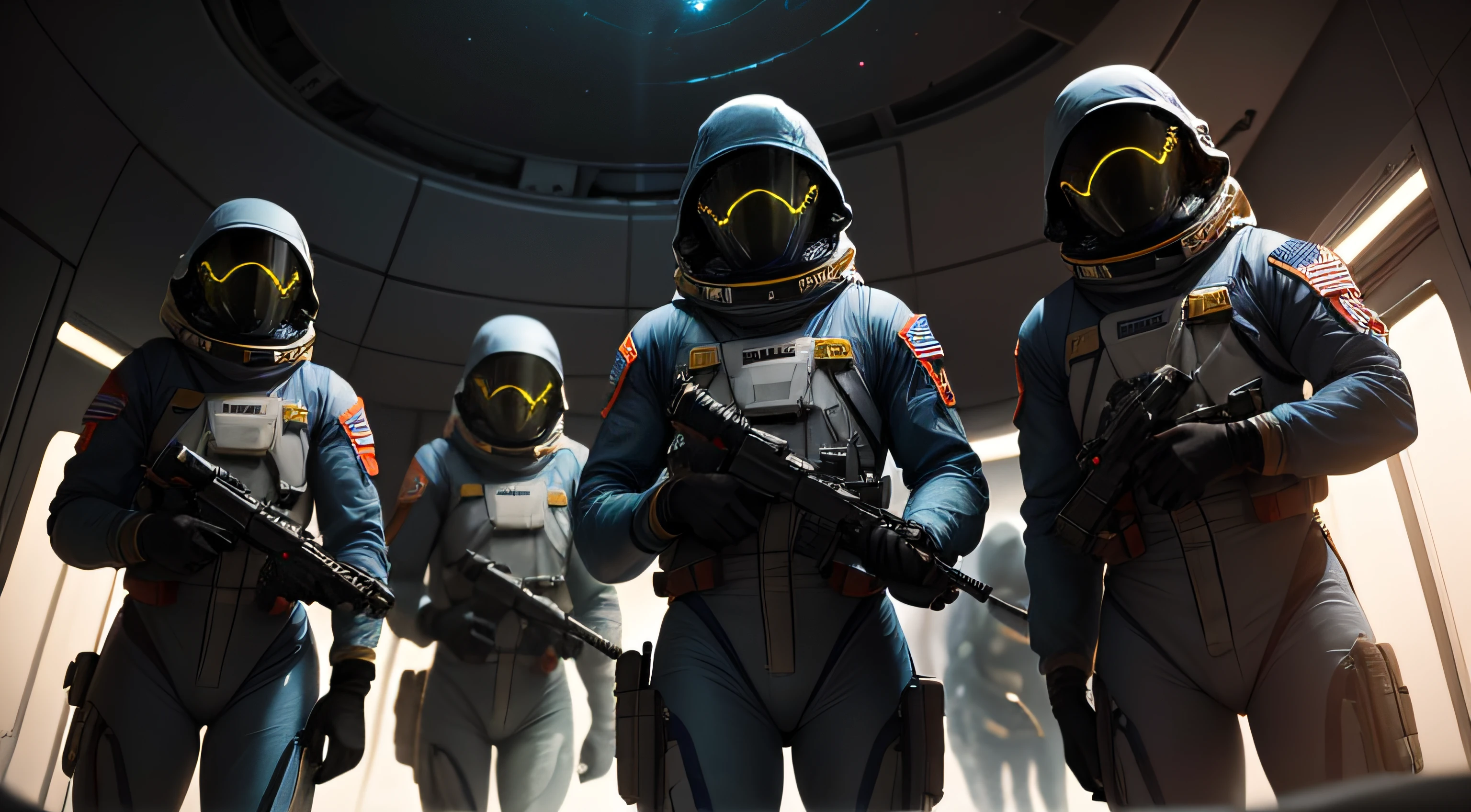 In a science fiction and suspenseful scenario, four astronauts clad in diverse colored spacesuits cautiously advance through the dark and eerie corridor of a severely damaged spacecraft. Each astronaut is armed, their weapons at the ready, as they float weightlessly in the pitch-black silence of space. The contrasting suits and the tension in their movements emphasize the perilous and mysterious nature of their mission in this extraterrestrial setting.