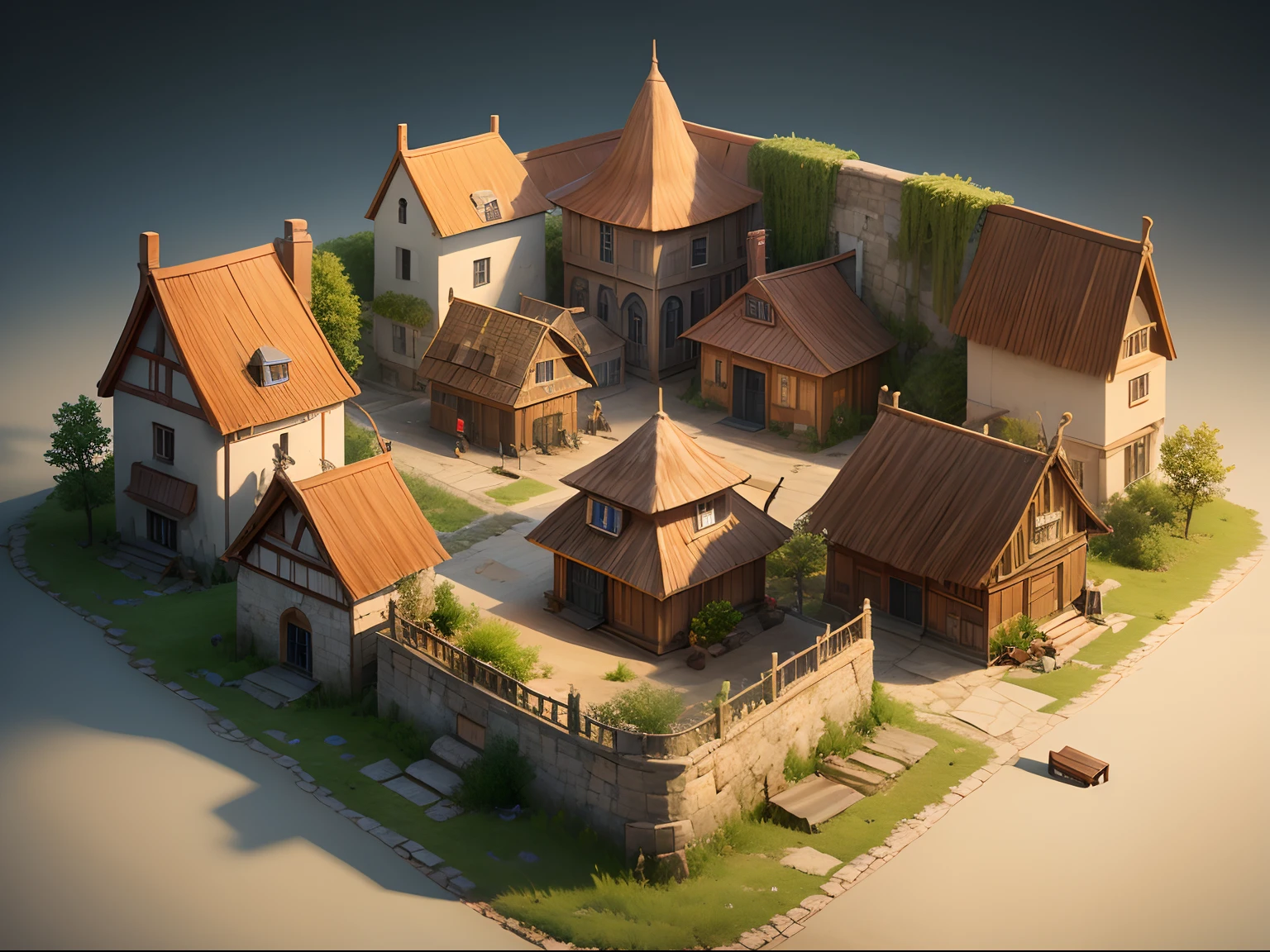 Isometric digital game art of a medieval village with thatched roofs, a market square, and townsfolk