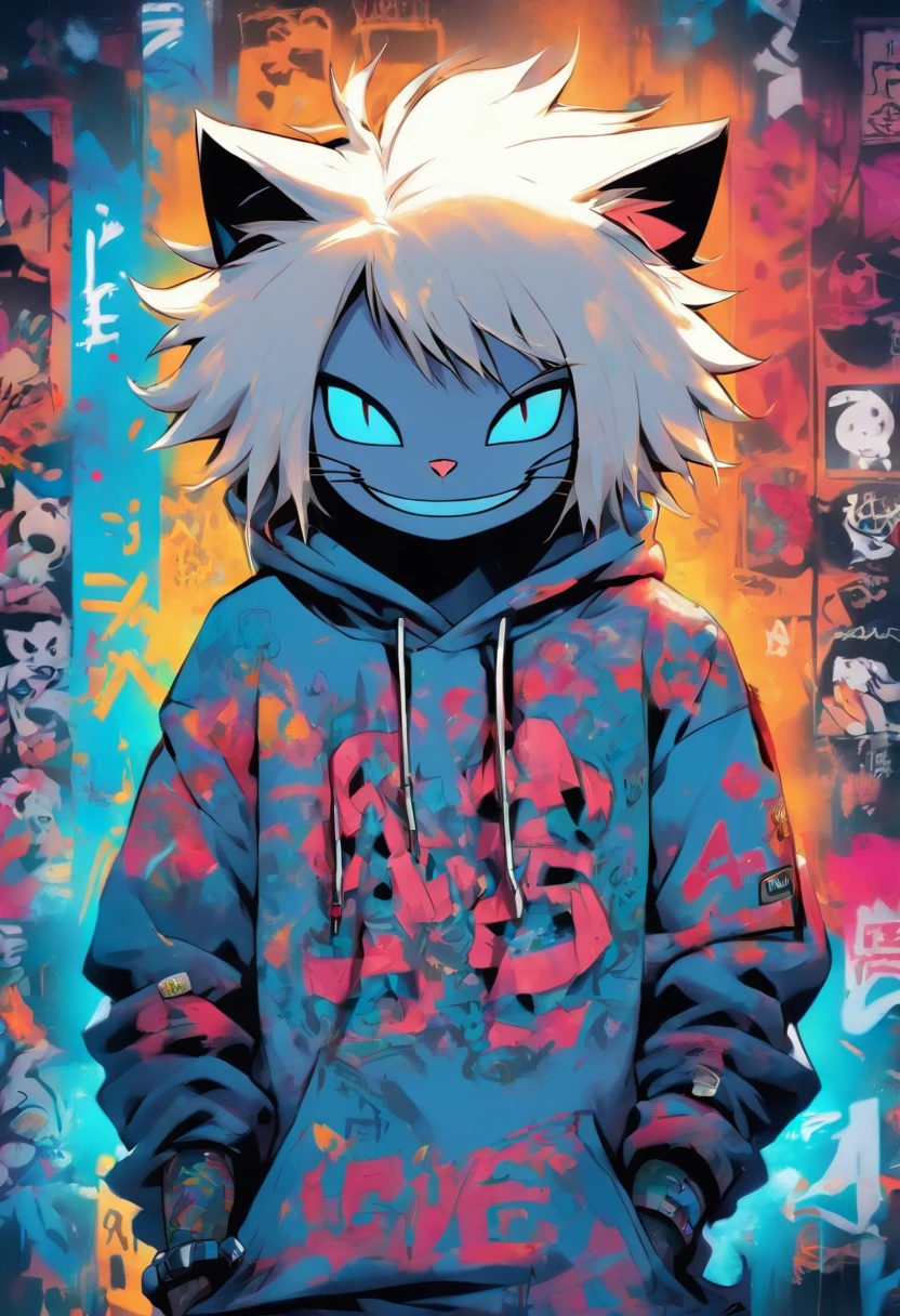 A cool and trendy smiling cat, white hair, blue eyes, wearing trendy hip hop clothing, wearing a hoodie, graphic t-shirt and torn jeans, tons of tattoos and piercings, graffiti style background, highly detailed background, perfect masterpiece, high quality, high resolution