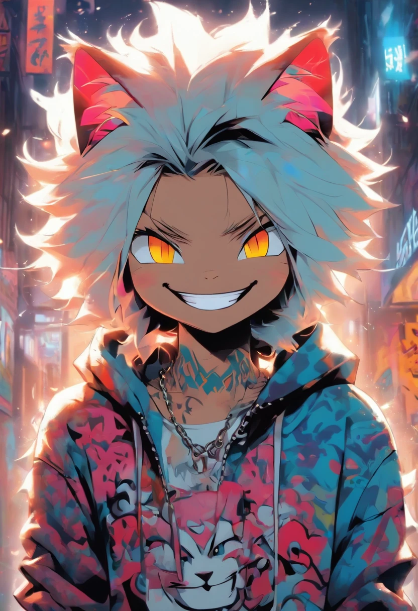 A cool and trendy smiling cat, white hair, blue eyes, wearing trendy hip hop clothing, wearing a hoodie, graphic t-shirt and torn jeans, tons of tattoos and piercings, graffiti style background, highly detailed background, perfect masterpiece, high quality, high resolution
