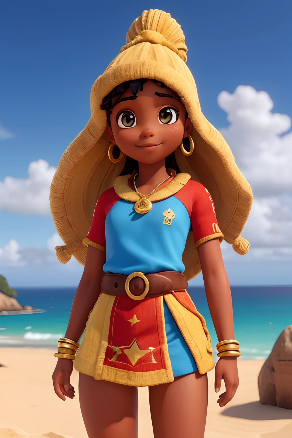 The route follows the nuclei of the flag of Cape Verde. The top is deep blue, simbolizando o oceano que cerca as ilhas. The chest and the central part are white, representando a paz e a unidade do povo cabo-verdiano. The sleeves and legs are red, denoting determination and spirit, do 10 Estrelas Douradas, : Ten gold stars are prominently displayed at the top of the costume, ao longo do peito e ombros, representando as 10 principais ilhas de Cabo Verde. Cada estrela, It is carefully detailed and shines brightly against the background Star Belt A wide belt, also golden, is used in Tribal Details, O traje incorpora elementos tribais discretos em seu design, referencing the cultural heritage of Cape Verde))