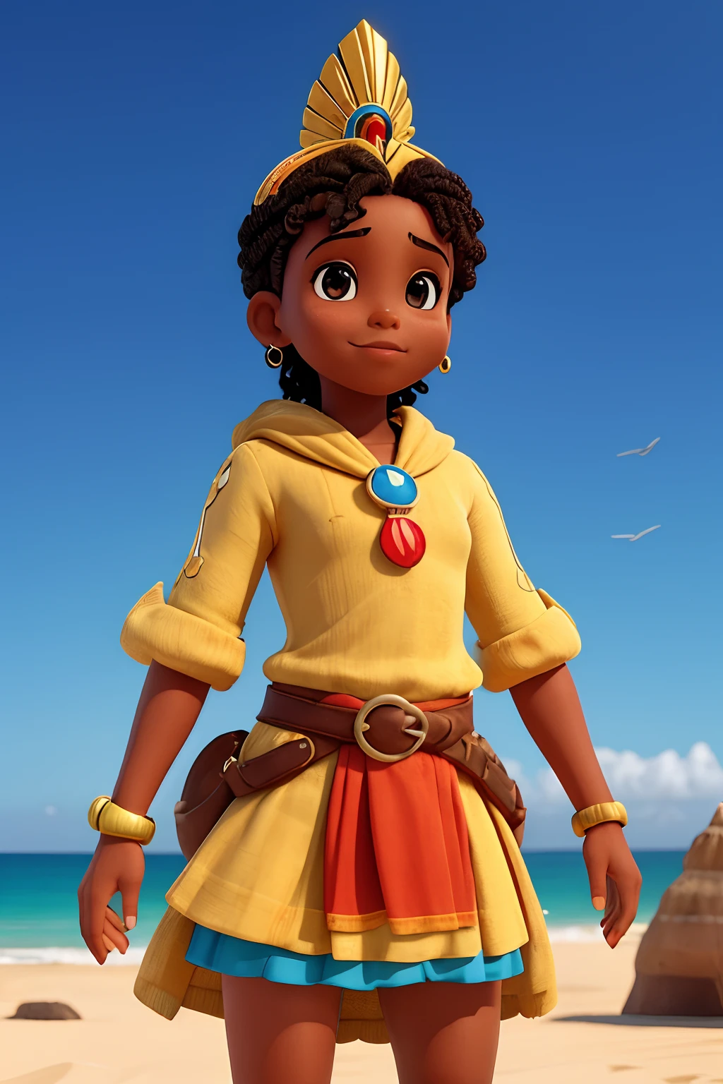 The route follows the nuclei of the flag of Cape Verde. The top is deep blue, simbolizando o oceano que cerca as ilhas. The chest and the central part are white, representando a paz e a unidade do povo cabo-verdiano. The sleeves and legs are red, denoting determination and spirit, do 10 Estrelas Douradas, : Ten gold stars are prominently displayed at the top of the costume, ao longo do peito e ombros, representando as 10 principais ilhas de Cabo Verde. Cada estrela, It is carefully detailed and shines brightly against the background Star Belt A wide belt, also golden, is used in Tribal Details, O traje incorpora elementos tribais discretos em seu design, referencing the cultural heritage of Cape Verde))