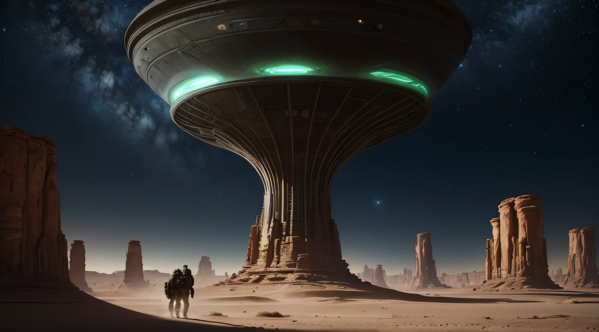 (best quality,4k,8k,highres,masterpiece:1.2),ultra-detailed,(realistic,photorealistic,photo-realistic:1.37),UFO hovering above remote desert meeting location,alien technology,futuristic desert landscape,shimmering lights,extraterrestrial encounter,ominous atmosphere,uneasy anticipation,mysterious figures in the distance,menacing shadows,dark secret under the desert sands,dusty winds,nighttime scene,otherworldly craft,glowing energy beam,desert silence interrupted,intense curiosity,fearful fascination,unexplained phenomena,mesmerizing glow,surreal and eerie ambiance,The X-Files meets Mad Max,secret government experiments,alien abductions,unknown dimensions,close encounters of the third kind,spectacular extraterrestrial event,cosmic enigma,unveiling of the unknown,blurred lines between reality and fiction,unforgettable visual spectacle