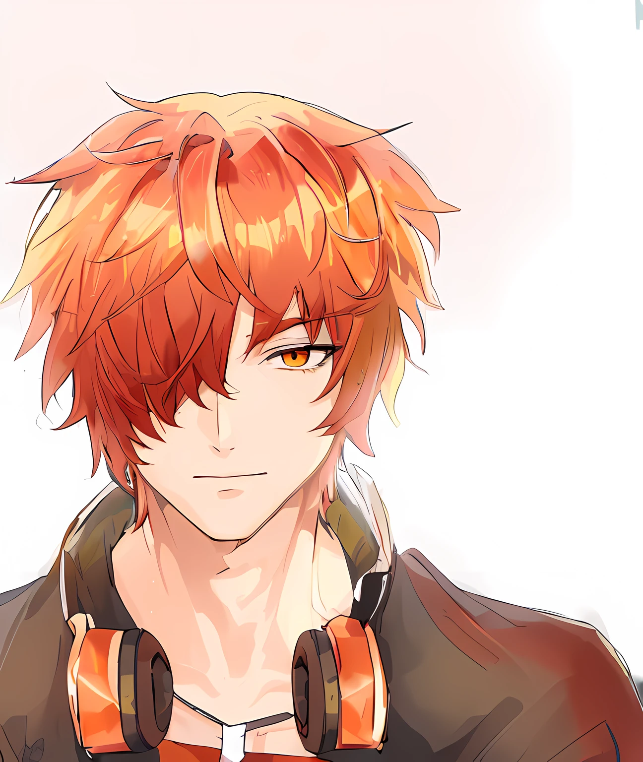 Male, red orange hair, hair over one eye, yellow eye, headphones on neck, 2018 anime style, 2018, 2019 style, anime boy,