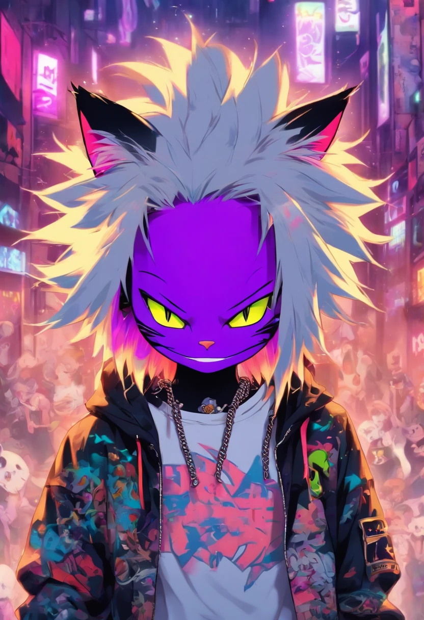 A cool and trendy smiling cat, white hair, purple eyes, wearing trendy hip hop clothing, wearing a hoodie, graphic t-shirt and torn jeans, tons of tattoos and piercings, graffiti style background, highly detailed background, perfect masterpiece, high quality, high resolution