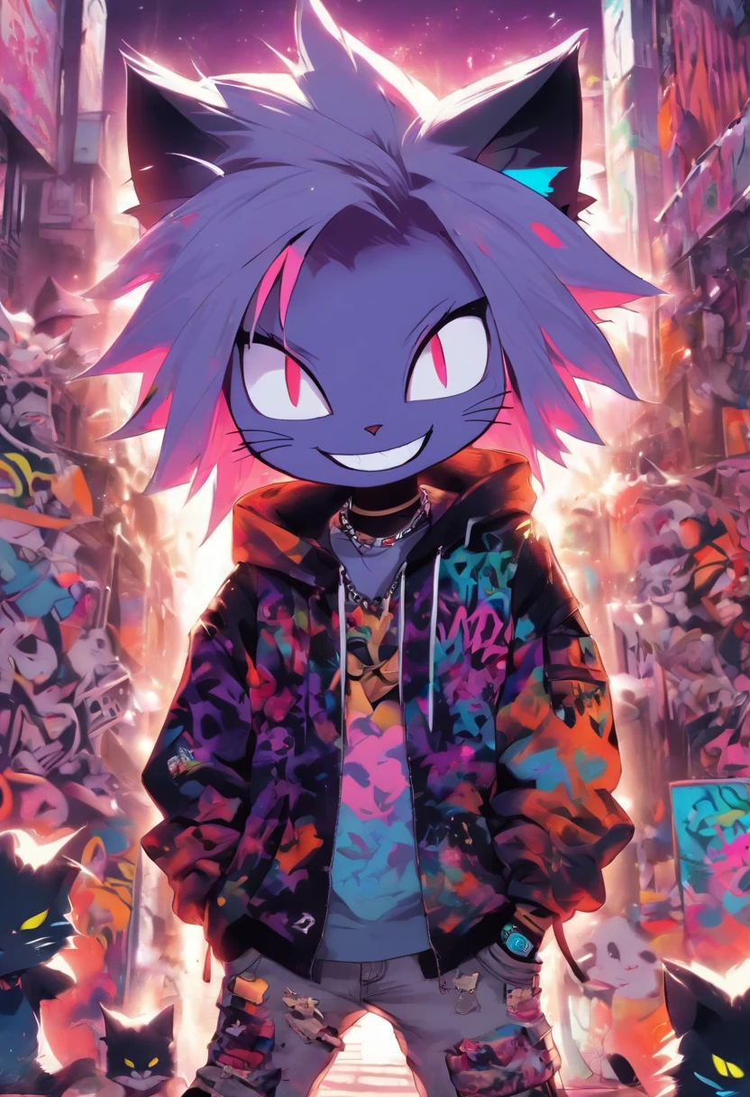 A cool and trendy smiling cat, white hair, purple eyes, wearing trendy hip hop clothing, wearing a hoodie, graphic t-shirt and torn jeans, tons of tattoos and piercings, graffiti style background, highly detailed background, perfect masterpiece, high quality, high resolution