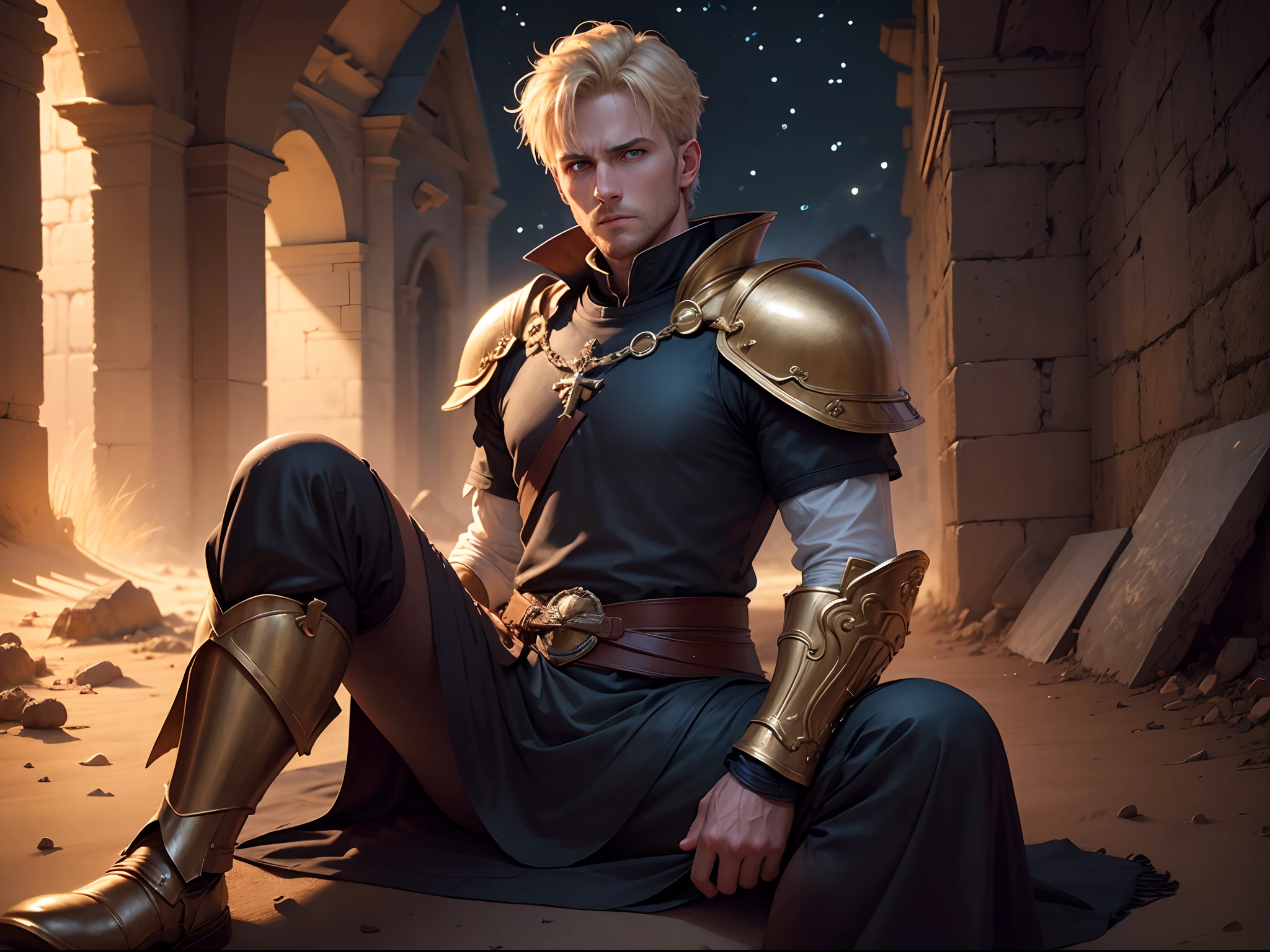 realistic 8k image of a blond man, 30 years old, short hair, strong, extremely detailed blue eyes, square chin, dressed in black cleric clothes and golden shoulder pads, exhausted expression, sitting in the small nighttime ruins of a sandy desert, night scenery