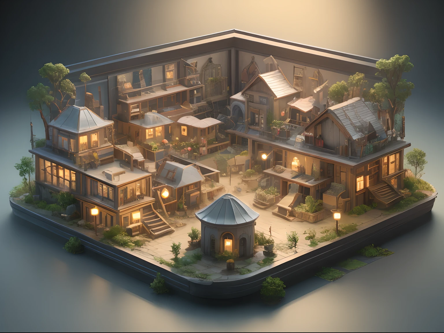 Isometric digital game art of a medieval village with thatched roofs, a market square, and townsfolk