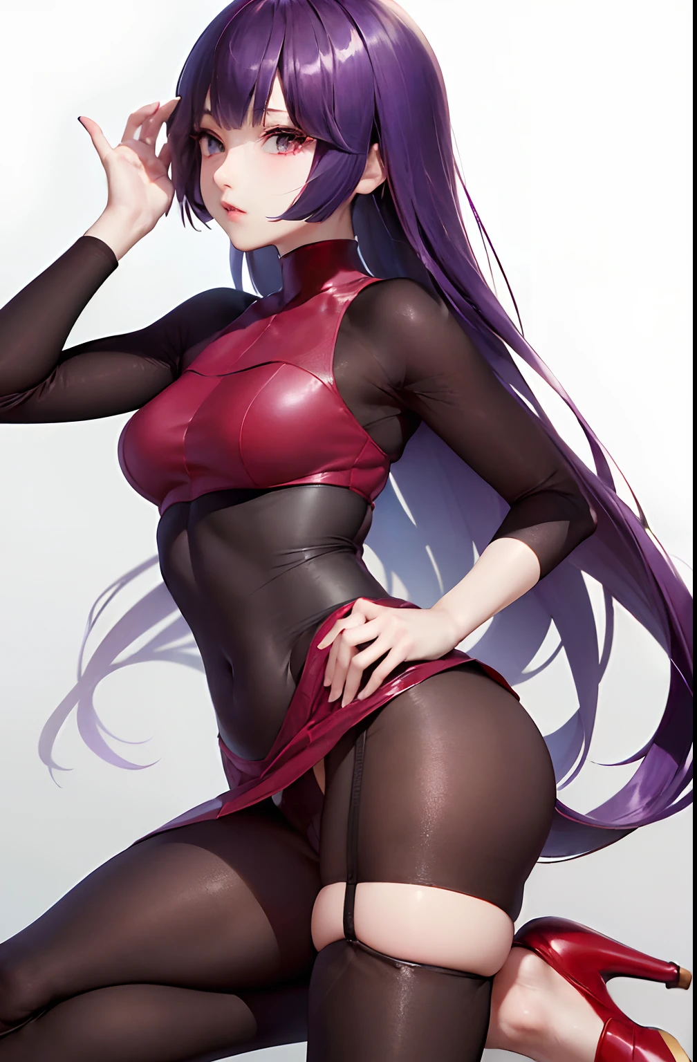 (masterpiece、top-quality:1.2)、1girl in、独奏、sabrina、A pokémon、length hair、purple color hair、bluntbangs、red eyes、Red Sweater Dress、(white glove:1.2)、Black sash、(Black Leggings:1.1)、(body suit:1.1)、((pantyhose))、(high-heels)、simple background、((tucking up the skirt))、((Show panties))、Black panties