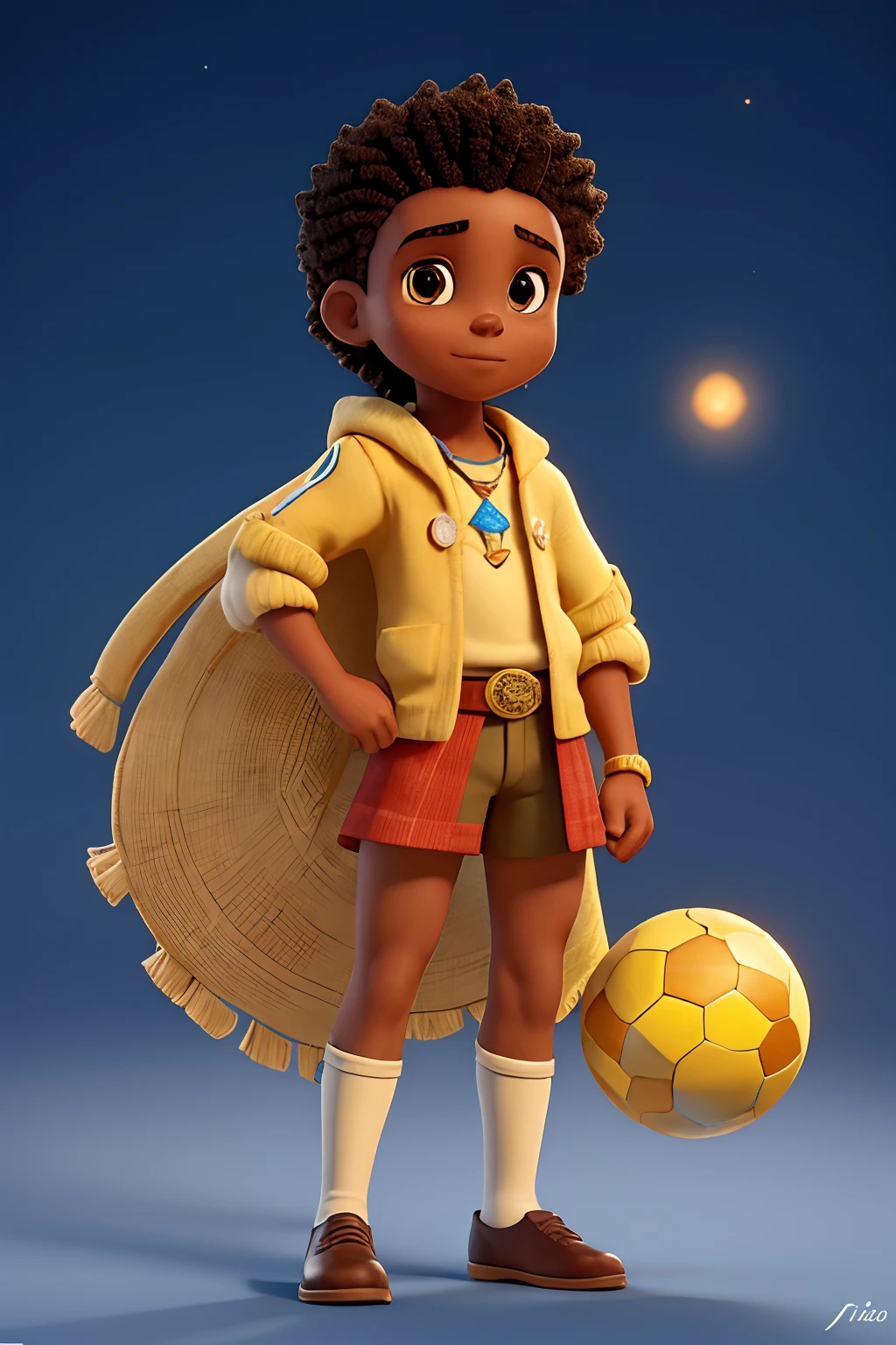 Flag Cores : The route follows the nuclei of the flag of Cape Verde. The top is deep blue, simbolizando o oceano que cerca as ilhas. The chest and the central part are white, representando a paz e a unidade do povo cabo-verdiano. The sleeves and legs are red, denoting the determination and spirit of the country. 10 Estrelas Douradas : Ten gold stars are prominently displayed at the top of the costume, ao longo do peito e ombros, representando as 10 principais ilhas de Cabo Verde. Each star is carefully detailed and shines brightly against the background of the Star Belt : um cinto largo, also golden, is used in tribal details c : O traje incorpora elementos tribais discretos em seu design, referencing the cultural heritage of Cape Verde and the role of Amílcar Cabral in the struggle for independence.