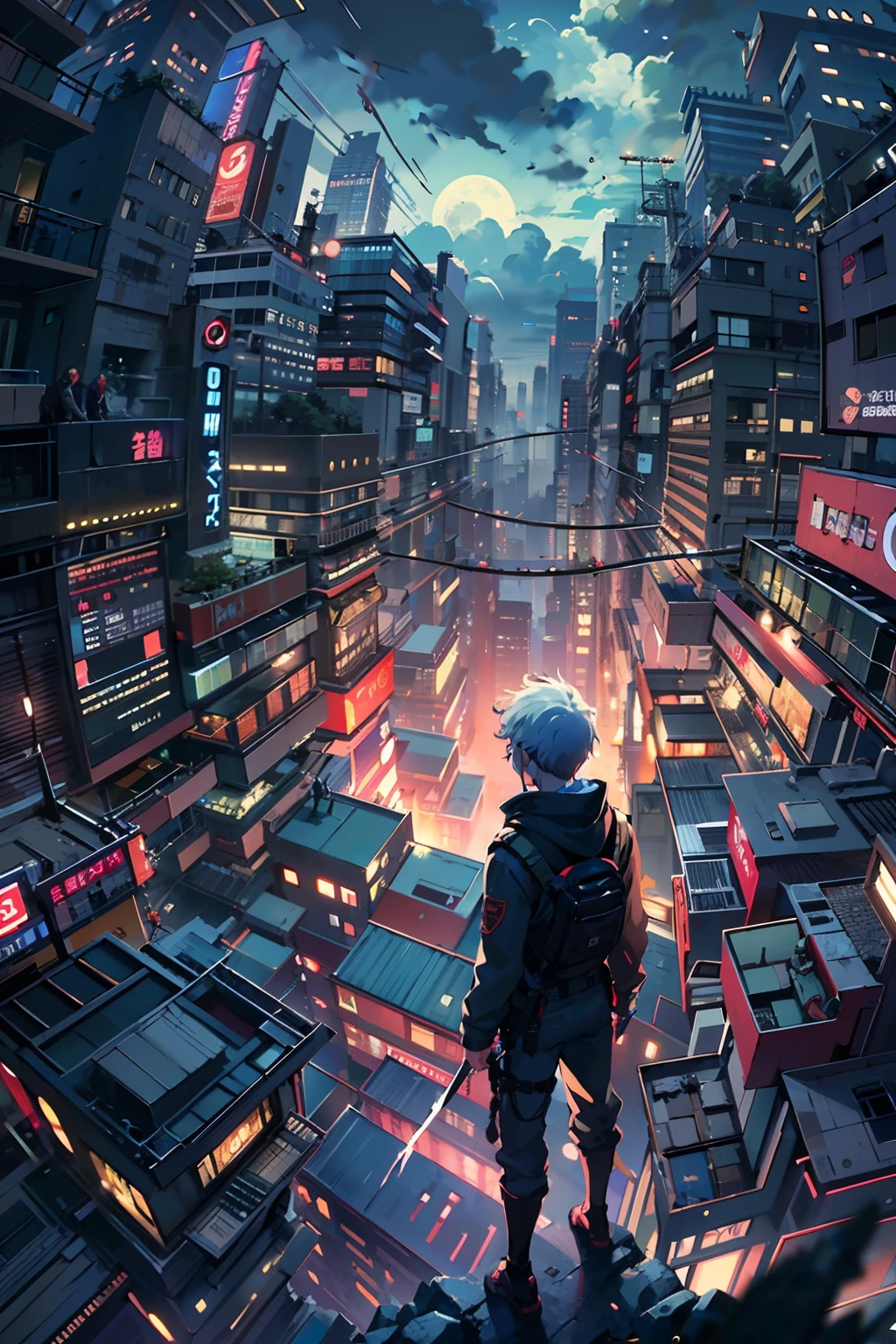 1boy,(a  boy:1.5)、Anime-style protagonist、Cyberpunk Boy、Black attire、silber hair、katanas,machine gun、Whole body bloody、Overhead view of the composition、The beginning of the adventure、Lots of clouds,heavy fog、Moon,Chaotic city of the future、dystopian、Dim lighting、Chaotic、Beautiful and fantastic scenery、Cinematic scenery、hightquality、masutepiece,in 8K、hight resolution、