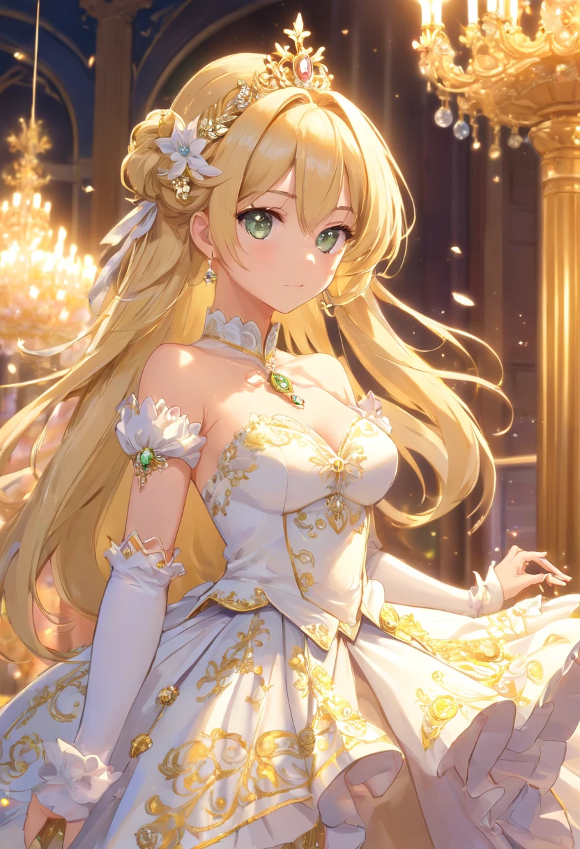 ((estilo de arte de anime)),(master part),(best quality),(Super Detalhe),(muito delicado e bonito),sozinho,((corpo inteiro,standing pose)),Standing in the Royal Palace,((1 queen in gorgeous rococo ball gown with bulky full-length hoop skirt)),(Crinolina),lindo bordado completo,((lindas joias de pedras preciosas)),rosto e olhos detalhados,olhos de joia,((grande quantidade de cabelos lisos,Cabelos extremamente longos e volumosos)),((tetas gigantescas,seios longos,dentadura da pele)),lindo bordado completo,clivagem,ornamento de cabelo extremamente lindocompleto,(bling-bling extremamente lindotiara joias),lindo corsage,(Dynamic angle),Olhando para o Viewer,((corpo inteiro)) ((Cabelo branco)) ((Olhos cor dourado))