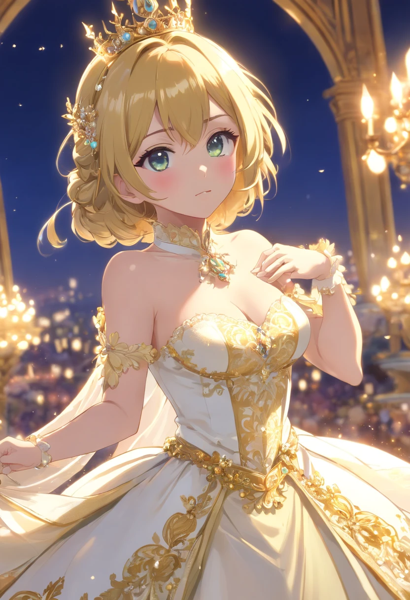 ((estilo de arte de anime)),(master part),(best quality),(Super Detalhe),(muito delicado e bonito),sozinho,((corpo inteiro,standing pose)),Standing in the Royal Palace,((1 queen in gorgeous rococo ball gown with bulky full-length hoop skirt)),(Crinolina),lindo bordado completo,((lindas joias de pedras preciosas)),rosto e olhos detalhados,olhos de joia,((grande quantidade de cabelos lisos,Cabelos extremamente longos e volumosos)),((tetas gigantescas,seios longos,dentadura da pele)),lindo bordado completo,clivagem,ornamento de cabelo extremamente lindocompleto,(bling-bling extremamente lindotiara joias),lindo corsage,(Dynamic angle),Olhando para o Viewer,((corpo inteiro)) ((Cabelo branco)) ((Olhos cor dourado))