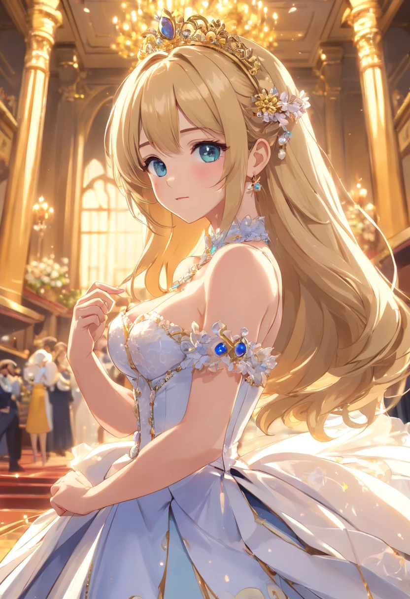 ((estilo de arte de anime)),(master part),(best quality),(Super Detalhe),(muito delicado e bonito),sozinho,((corpo inteiro,standing pose)),Standing in the Royal Palace,((1 queen in gorgeous rococo ball gown with bulky full-length hoop skirt)),(Crinolina),lindo bordado completo,((lindas joias de pedras preciosas)),rosto e olhos detalhados,olhos de joia,((grande quantidade de cabelos lisos,Cabelos extremamente longos e volumosos)),((tetas gigantescas,seios longos,dentadura da pele)),lindo bordado completo,clivagem,ornamento de cabelo extremamente lindocompleto,(bling-bling extremamente lindotiara joias),lindo corsage,(Dynamic angle),Olhando para o Viewer,((corpo inteiro)) ((Cabelo branco)) ((Olhos cor dourado))