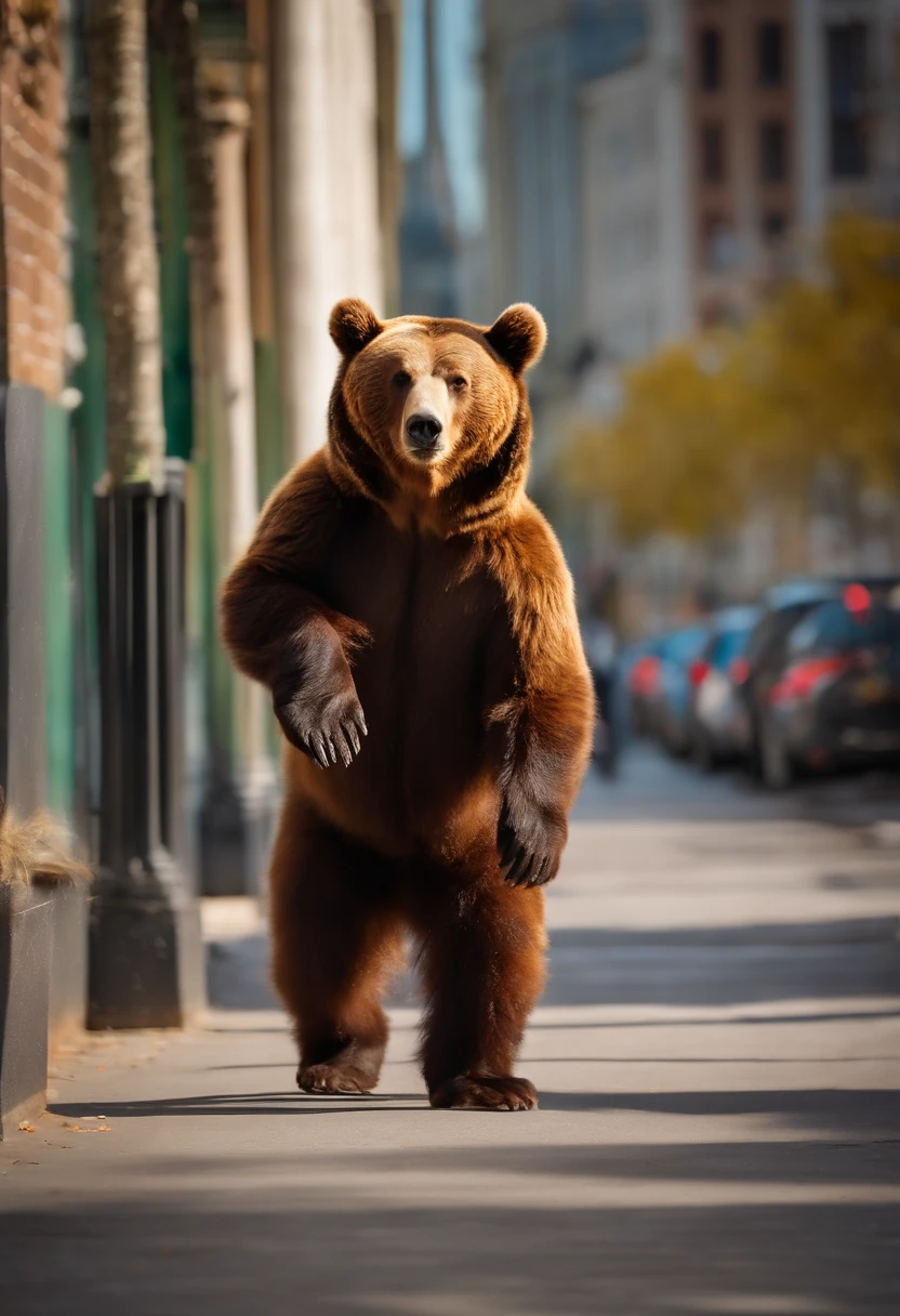Brown bear walking on two legs in the city,Brown bear with colorful fur,Bipedal,Wearing sunglasses,Costume-like brown bear