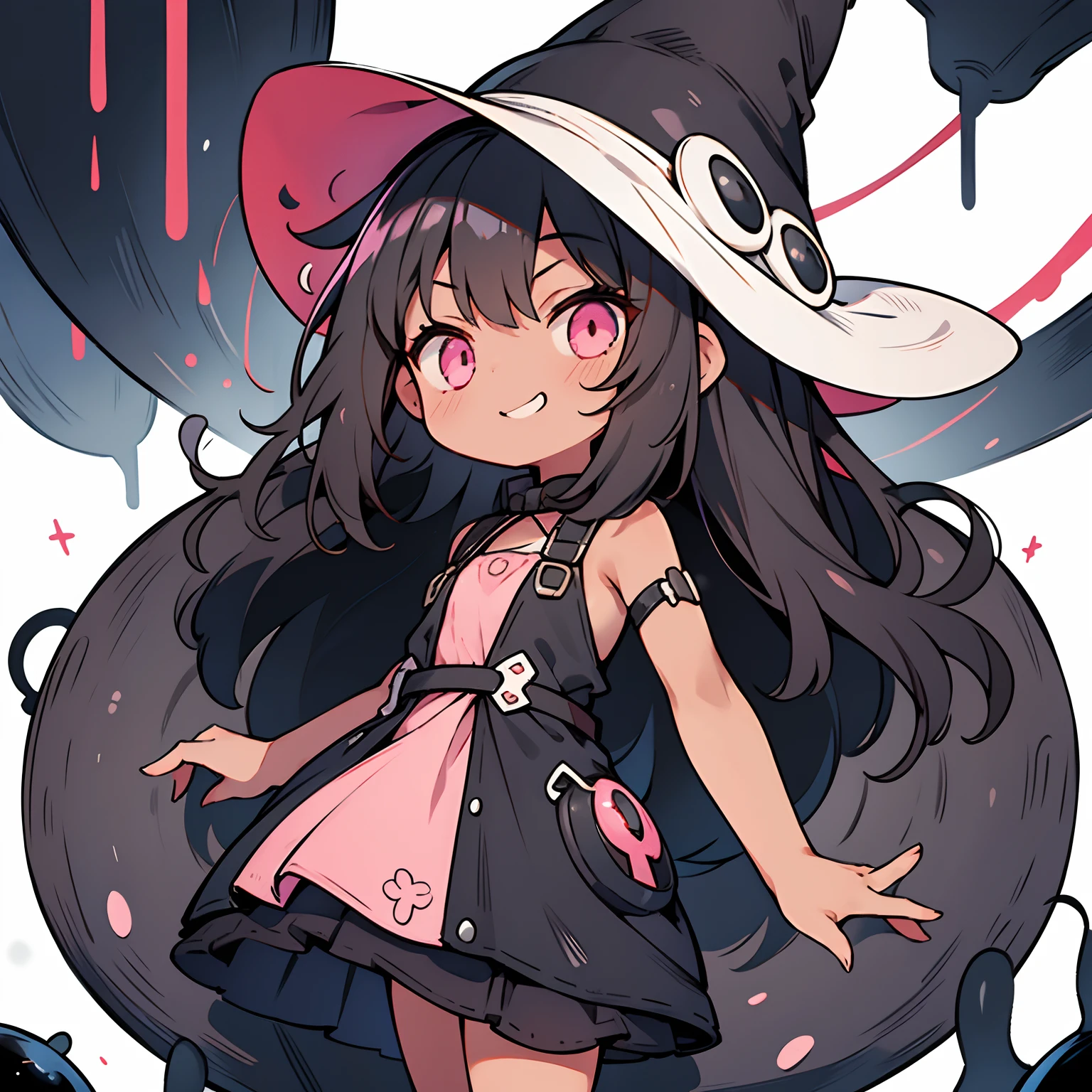 A with tan skin, black hair with white highlights, pink eyes. She is holding her arms out while smirking, strings of black slime hang from her fingers and connecting to small black creatures