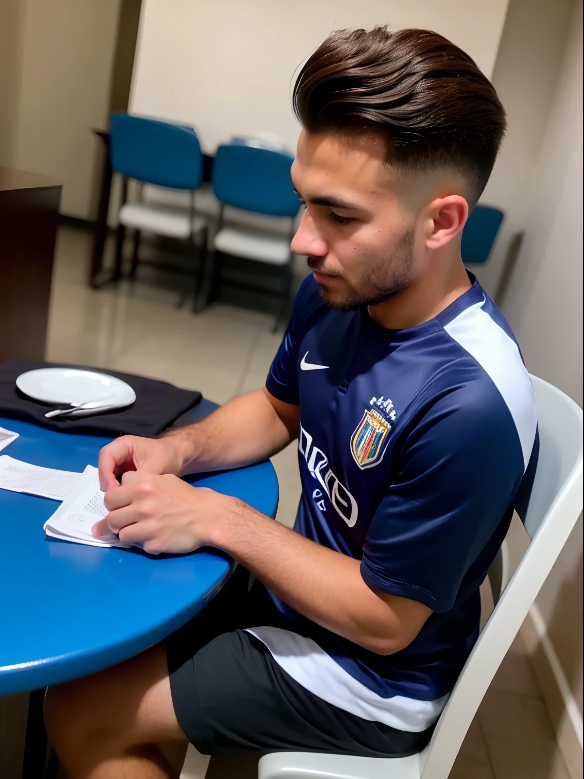 Homem Soccer Player de 15 anos, assinando contrato em uma mesa com um clube azul, cabelo marrom,