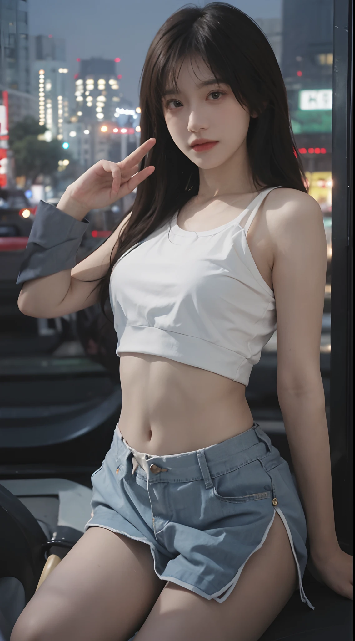 best qualtiy,tmasterpiece,超高分辨率,(realisticlying:1.4),sharp fokus:1.2, 1girll, Beautiful Women with Perfect Figure:1.4, Slim abs:1.1, ((dark brown hair)), (White crop top:1.4),(exteriors,during night:1.1),Park view,Ultra-fine face,Fine eyes,二重まぶた,