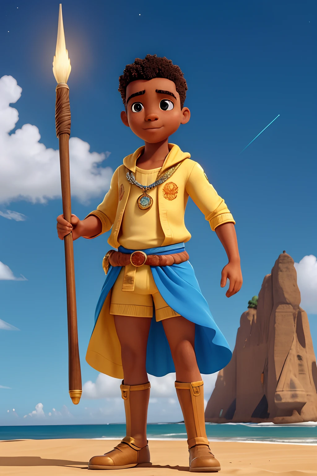 Flag Cores : The route follows the nuclei of the flag of Cape Verde. The top is deep blue, simbolizando o oceano que cerca as ilhas. The chest and the central part are white, representando a paz e a unidade do povo cabo-verdiano. The sleeves and legs are red, denoting the determination and spirit of the country. 10 Estrelas Douradas : Ten gold stars are prominently displayed at the top of the costume, ao longo do peito e ombros, representando as 10 principais ilhas de Cabo Verde. Each star is carefully detailed and shines brightly against the Starbelt background : um cinto largo, also golden, is used in the c Tribal details : O traje incorpora elementos tribais discretos em seu design, referencing the cultural heritage of Cape Verde and the role of Amílcar Cabral in the struggle for independence.