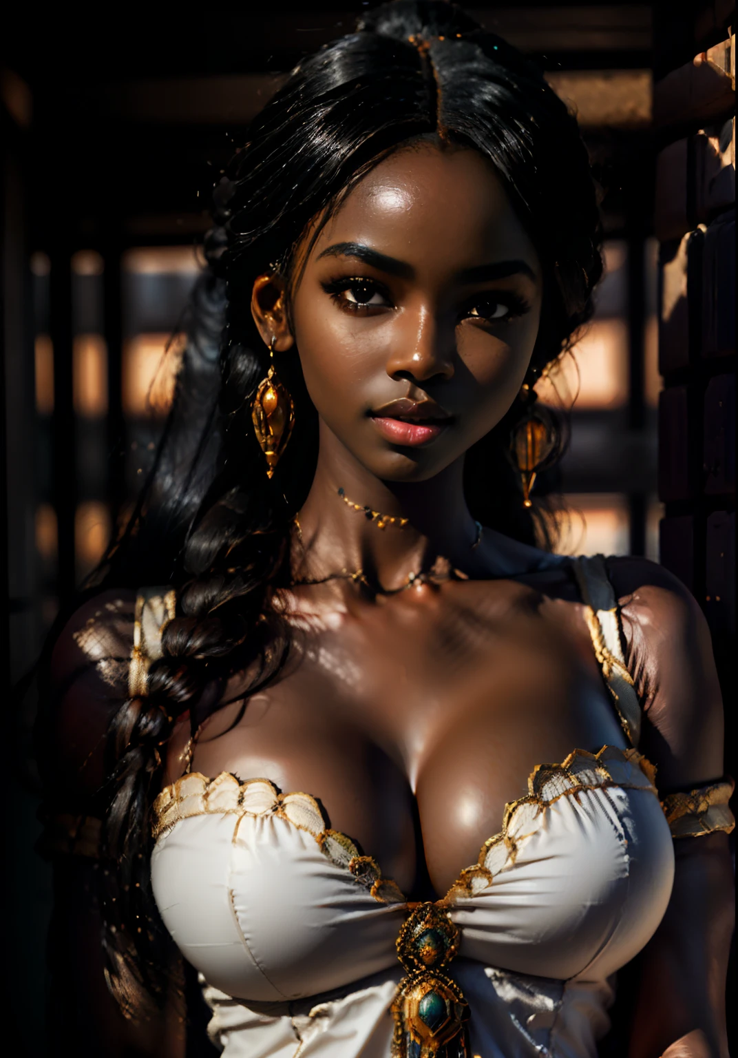 uploaded on e621, by Pixelsketcher, by Bayard Wu, by Thomas Benjamin Kennington , by Einshelm, solo African, ((face portrait)), BREAK, ((almost nude clothes, revealing clothes)), ((long afro ponytail)), (detailed Bonifasko lighting), (detailed skin), (detailed skin), (dark skin, ebony, deep ebony), (ebony neck), (her own arm holding her own breasts), revealing half-breast, BREAK, ((facing viewer)), (cinematic lighting), ((detailed background)), ((face portrait view)), (((portrait view))), (half body shadow), [backlighting], [crepuscular ray], [detailed ambient light], [gray natural lighting], [ambient light], (higher wildlife feral detail), [explict content], [sharp focus], (questionable content), (shaded), ((masterpiece), her own arms holding her own breast, medium breasts, breasts, African girl, African face, African Art, African Art, Commission for High Res, African Art, Art,Sakimichan beautiful, masterpiece, medium breasts, best quality, detailed image, bright colors, detailed face, perfect lighting, perfect shadows, perfect eyes, girl focus, hype realistic eyes, flawless face, big breasts, portrait focus, ((long afro ponytail)) African, African girl, dark skin, deep ebony woman, ebony nose, sexy mouth, gaze at the viewer, half-closed eyes, 1girl, solo, (masterpiece), (best quality), (illustration), (cinematic lighting), detailed dark skin, balanced coloring, global illumination, ray tracing, good lighting, deep ebony, African, showing breasts, cleavage, looking at viewer, seductive look, SFW