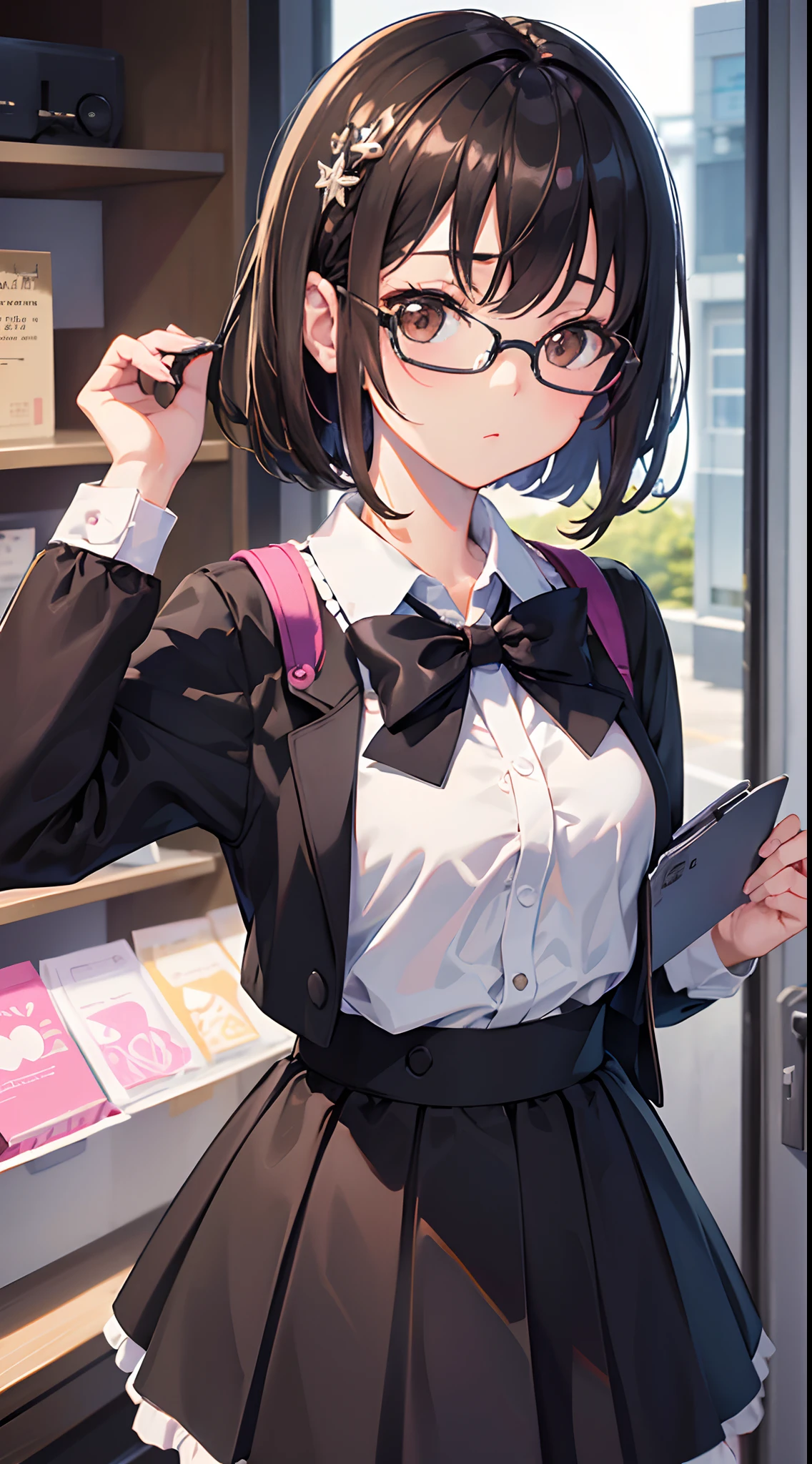 (masutepiece, Best Quality, Capture super cute moments, depth of fields, ultra-detailliert, Ultra High Resolution, C4D, Octadale, 3D Modeling, 8K, 16 K, one girls、a 、A dark-haired、short-hair、straight haired、Light brown eyes,hair adornments、wearing black glasses、Cute face),

((masutepiece)), ((best quality)), ((Ultra-detailed)), (([novel illustration)),  1 Girl Standing, School uniform, [(Blue bra):Transparent white shirt:0.2],[[Wet clothes]], Upper body, view straight on