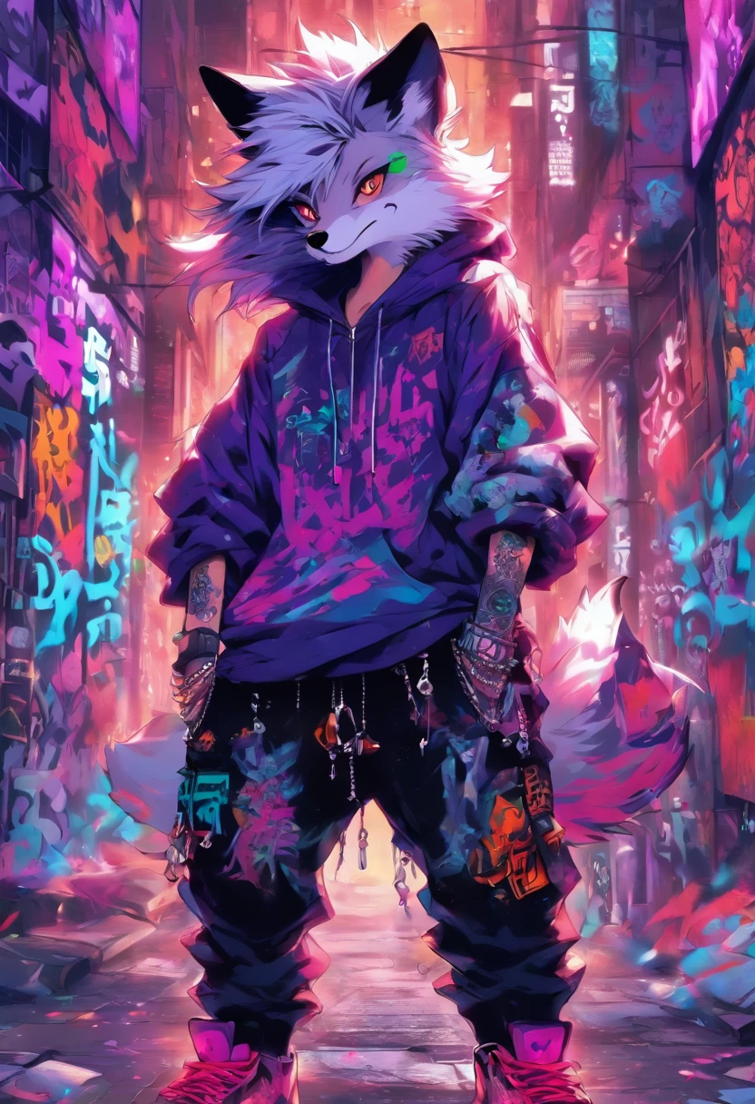 A cool and trendy fox, white hair, purple eyes, wearing trendy hip hop clothing, wearing a hoodie, graphic t-shirt and torn jeans, tons of tattoos and piercings, graffiti style background, highly detailed background, perfect masterpiece, high quality, high resolution