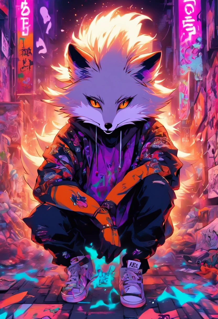 A cool and trendy fox, white hair, purple eyes, wearing trendy hip hop clothing, wearing a hoodie, graphic t-shirt and torn jeans, tons of tattoos and piercings, graffiti style background, highly detailed background, perfect masterpiece, high quality, high resolution