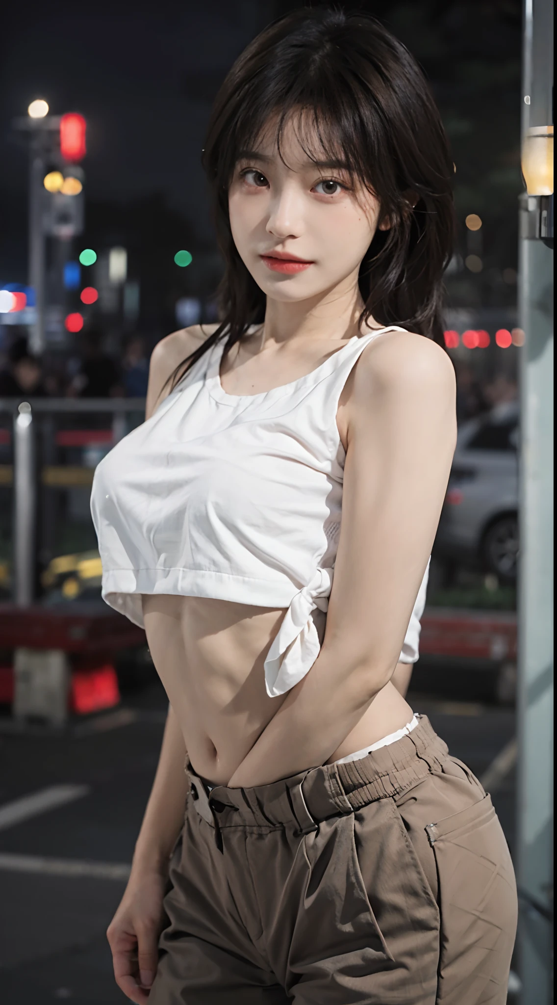 best qualtiy，tmasterpiece，超高分辨率，（realisticlying：1.4），sharp fokus:1.2, 1girl, Beautiful Women with Perfect Figure:1.4, Slim abs:1.1, ((dark brown  hair)), (White crop top:1.4）,（exteriors，during night：1.1），Park view，Ultra-fine face，Fine eyes，二重まぶた，