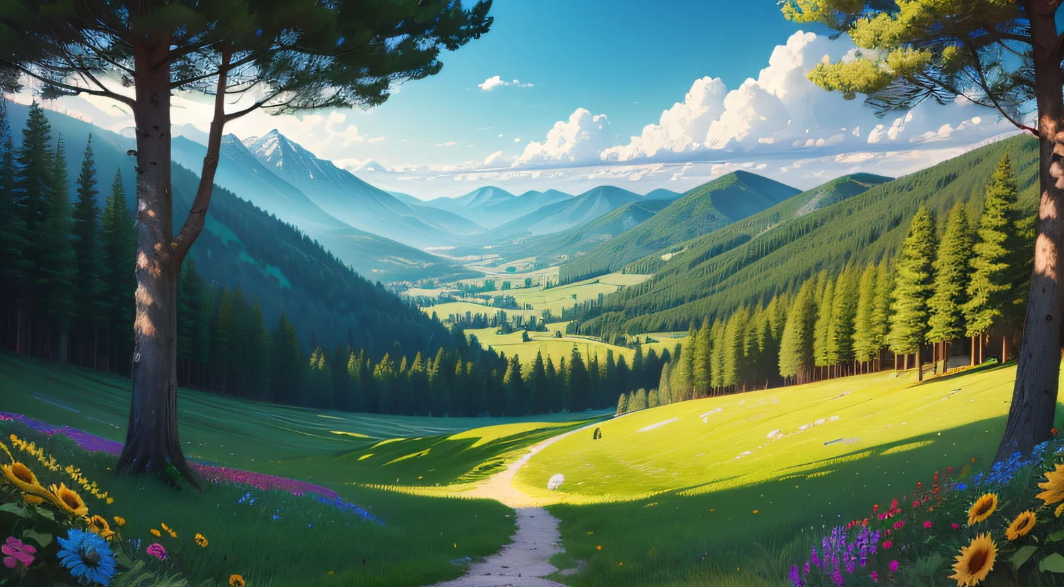 (best quality,4k,8k,highres,masterpiece:1.2),ultra-detailed,realistic,beautiful meadow,cartoon,mountain,colorful,soft lighting,playful characters,vibrant flowers,giant sunflowers,rolling hills,cartoon animals,clear blue sky,peaceful atmosphere,sunshine filtering through the trees,smiling faces,dramatic mountain peaks,cartoon clouds, green grass waving in the breeze,majestic pine trees standing tall,joyful laughter echoing in the meadow,a sense of serenity and happiness.