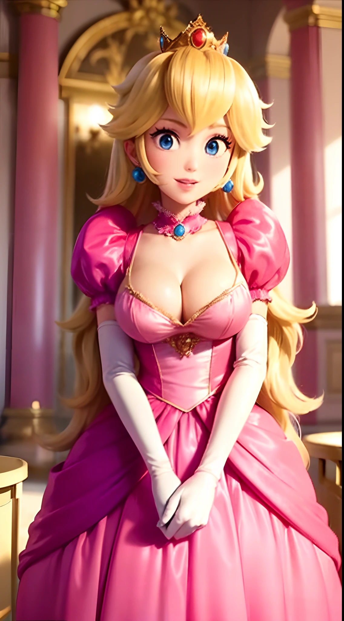 (Inside a castle setting,)  A ite Princess Peach wearing a beautiful hot pink dress, she is gentle and compassionate and is shown smiling gently, she is over 6 feet tall and wears a golden crown atop her blond hair and white gloves. With a focus on her large alluring chest, ( large chested, decolletage, (nipples vissible through clothing)), she is depicted in a close-up shot from below.