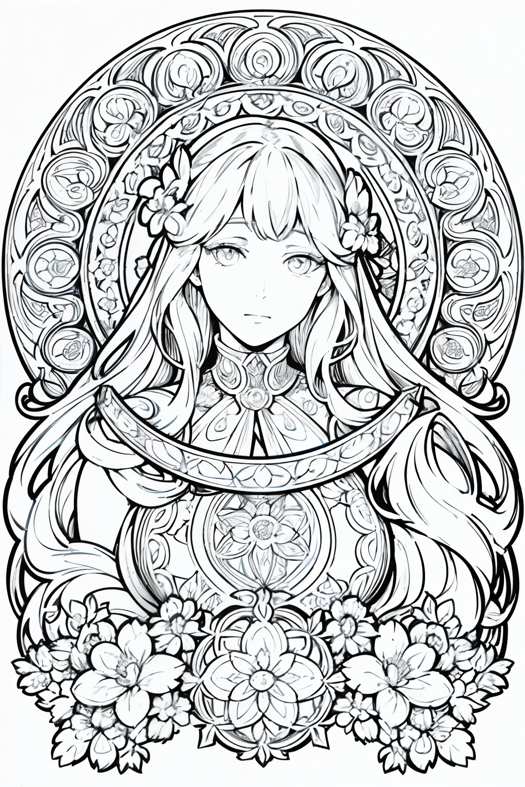 European women's face portrait, long curly hair, blonde, floral frame, decorative panel, abstract
Art by Alphonse Mucha, sketch, character lines and scenes without colors and shadows.
(Masterpiece, Best Quality, Highres:1.4), Detailed, Intricate Details, 4K, color splashes, line art, fibonacci,