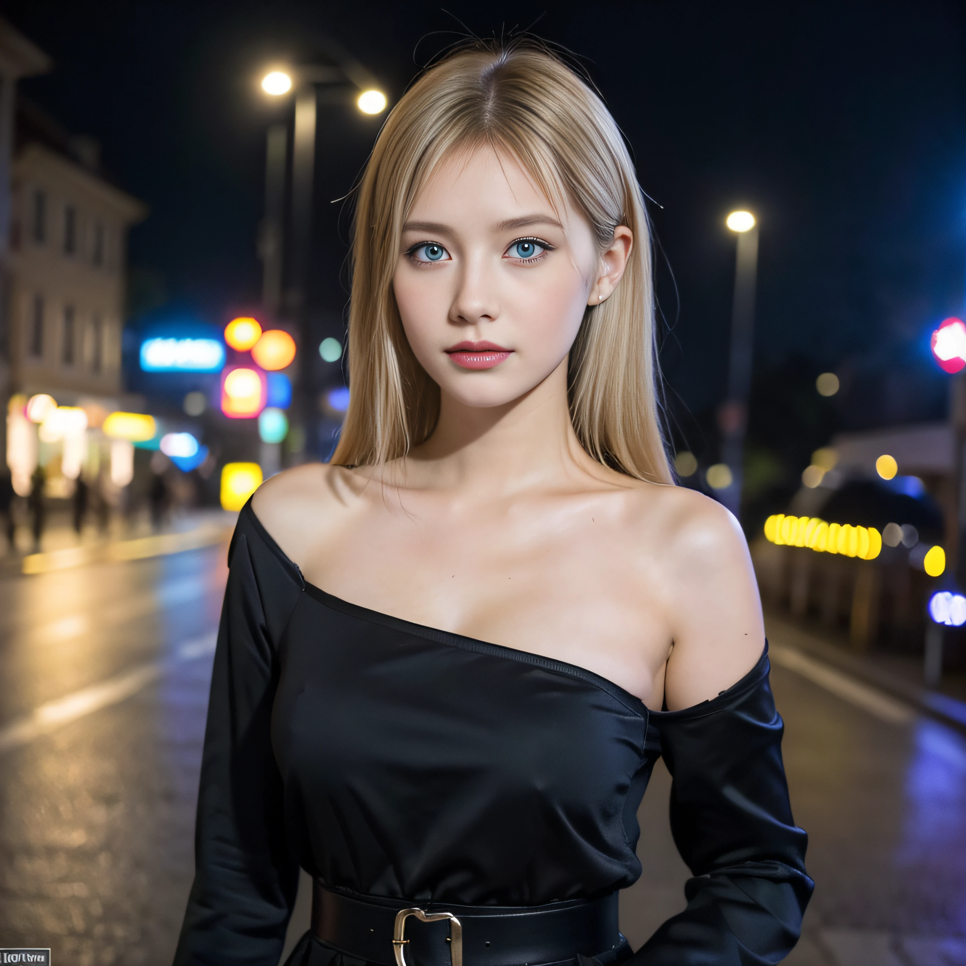 "Complete art masterpiece, high quality, ultra detailed in 4k, 8k, high resolution, hyper-realistic full body photo, hyper-detailed, realistic skin texture, amazing shadows, extremely detailed texture, perfect lighting, high-level image quality." A female vampire, Fair skin, blond hair, outlined eyes, outlined face, bracelet, Full body, Nice leather clothes, victorian city on back, night, dark
