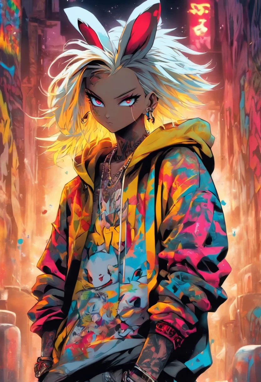 A cool and trendy rabbit, white hair, yellow eyes, wearing trendy hip hop clothing, wearing a hoodie, graphic t-shirt and torn jeans, tons of tattoos and piercings, graffiti style background, highly detailed background, perfect masterpiece, high quality, high resolution