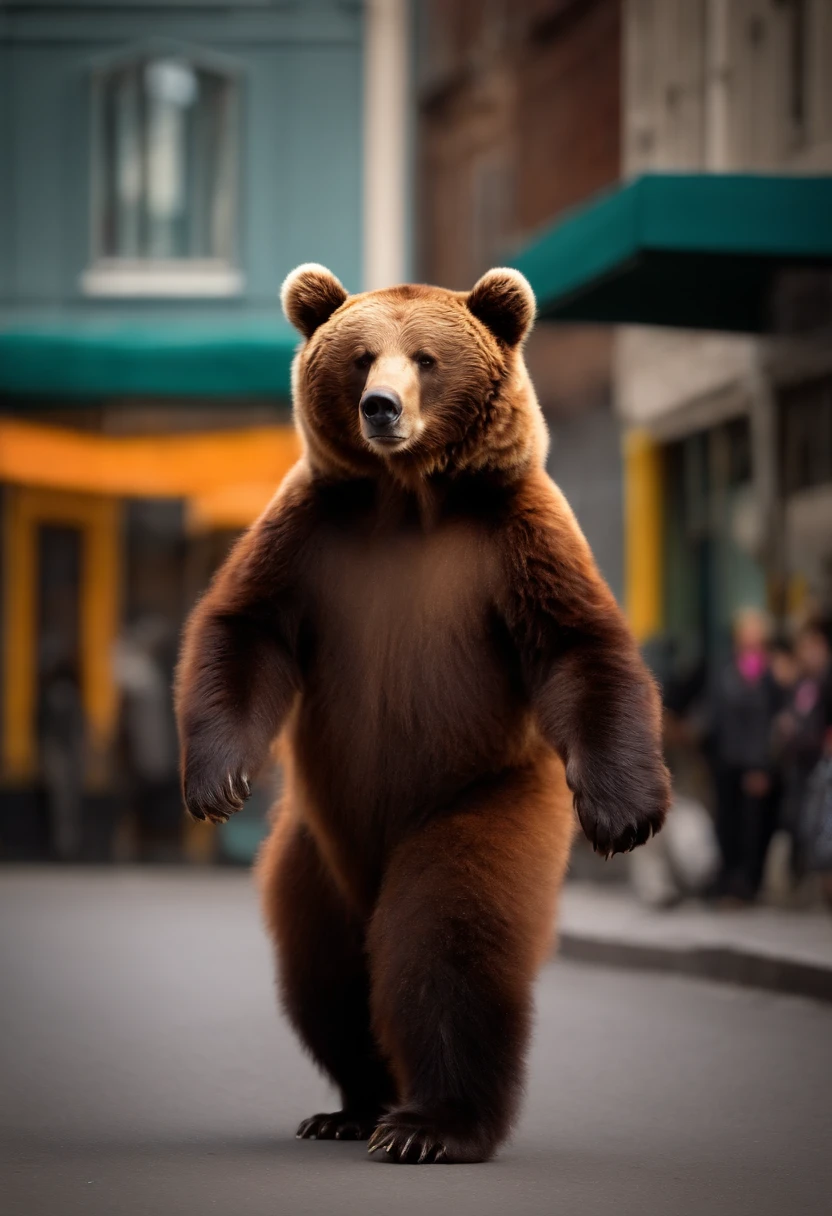Brown bear walking on two legs in the city,Brown bear with colorful fur,Bipedal,(((Wearing sunglasses:1.5))),Brown bear like a costume,Colorful fur,Irridescent color