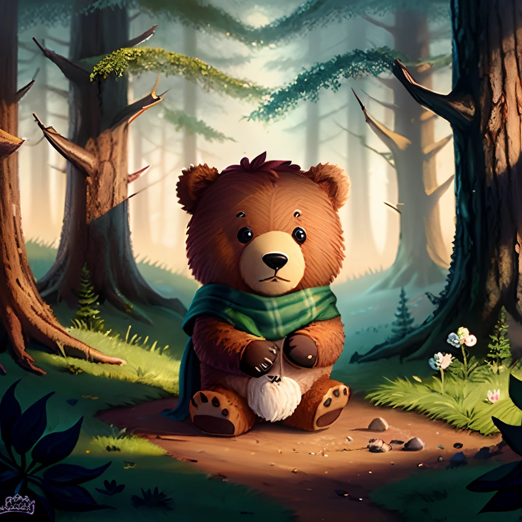 There is a brown bear sitting in the woods with a scarf - SeaArt AI
