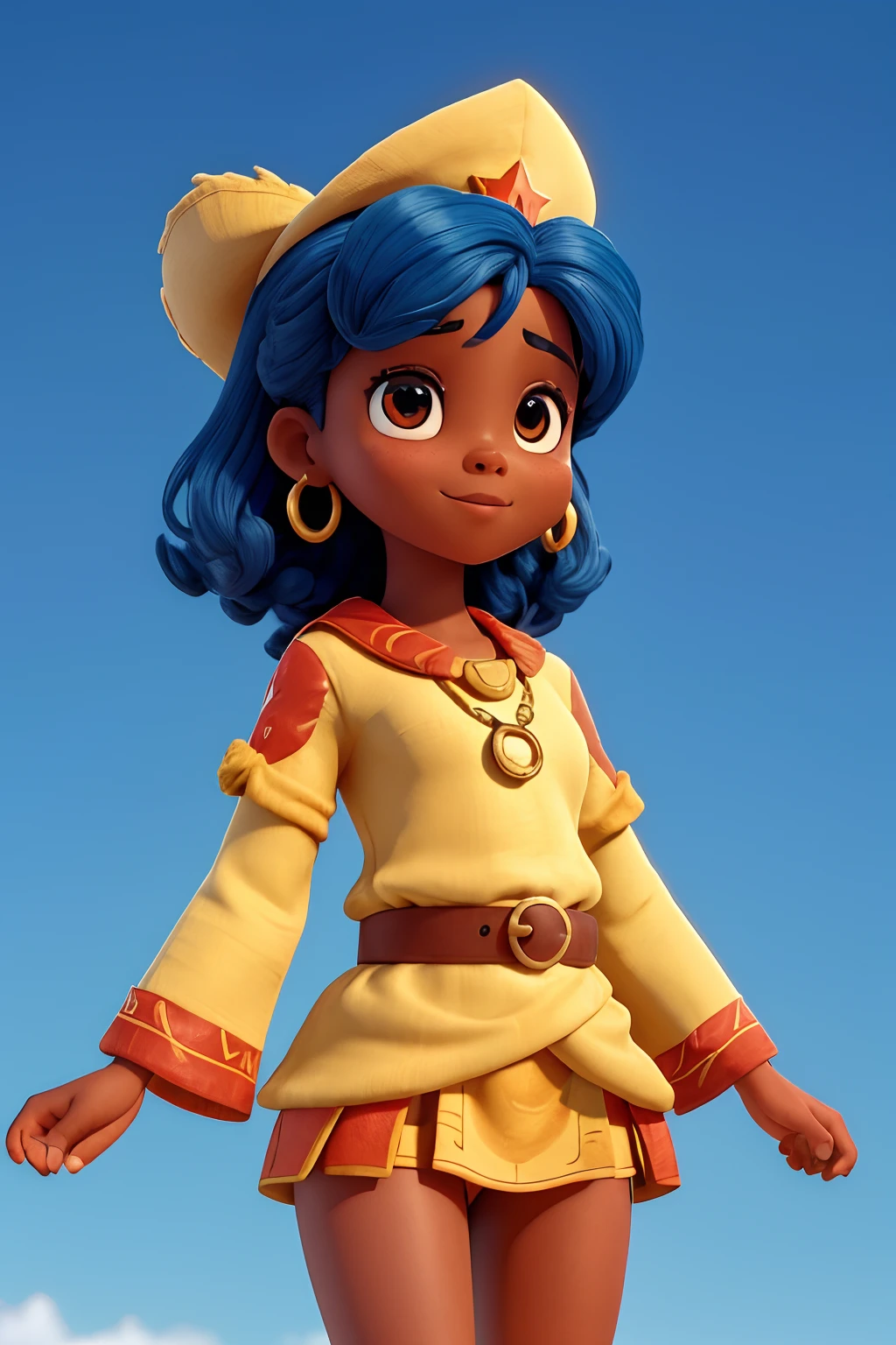 The route follows the nuclei of the flag of Cape Verde. The top is deep blue, simbolizando o oceano que cerca as ilhas. The chest and the central part are white, representando a paz e a unidade do povo cabo-verdiano. The sleeves and legs are red, denoting determination and spirit, do 10 Estrelas Douradas, : Ten gold stars are prominently displayed at the top of the costume, ao longo do peito e ombros, representando as 10 principais ilhas de Cabo Verde. Cada estrela, It is carefully detailed and shines brightly against the background Star Belt A wide belt, also golden, is used in Tribal Details, O traje incorpora elementos tribais discretos em seu design, referencing the cultural heritage of Cape Verde))