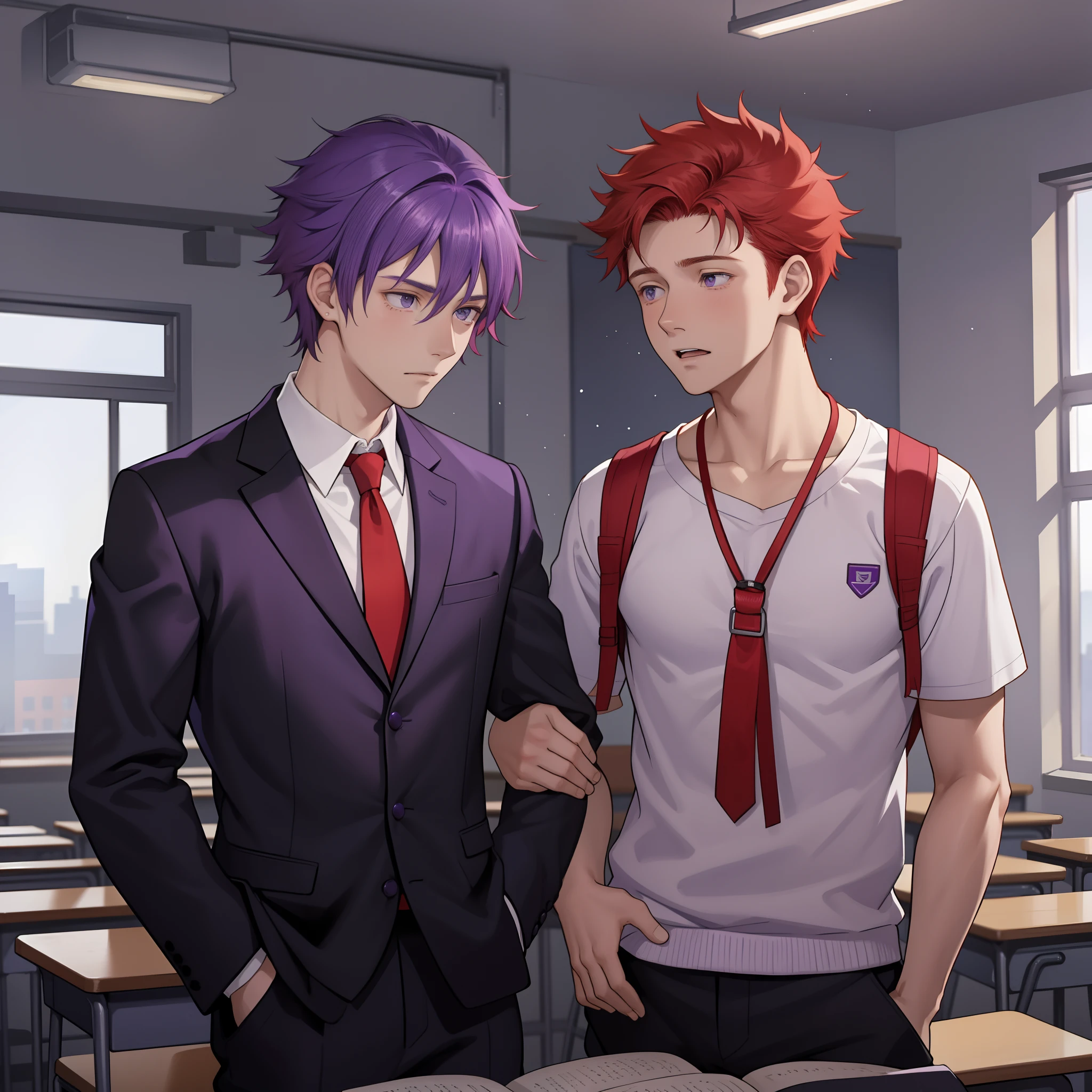 le canta una cancion ,A -yeld reaired boy, purple skin, He's in the classroom telling his best friend a sad story....