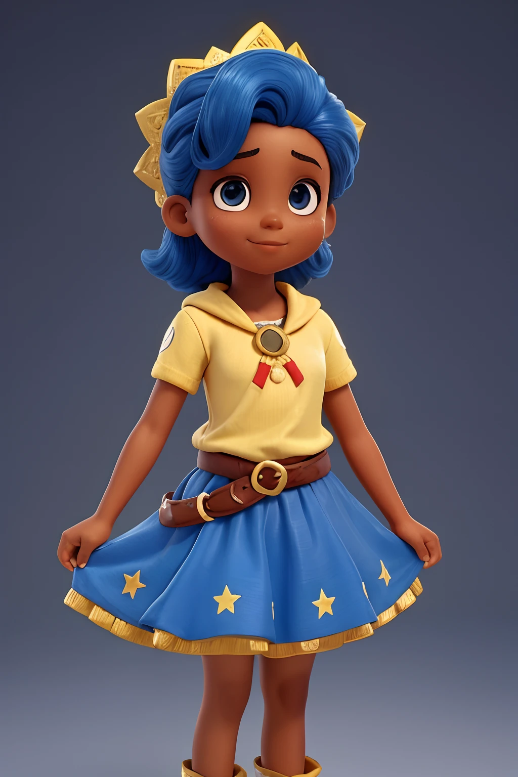 The route follows the nuclei of the flag of Cape Verde. The top is deep blue, simbolizando o oceano que cerca as ilhas. The chest and the central part are white, representando a paz e a unidade do povo cabo-verdiano. The sleeves and legs are red, denoting determination and spirit, do 10 Estrelas Douradas, : Ten gold stars are prominently displayed at the top of the costume, ao longo do peito e ombros, representando as 10 principais ilhas de Cabo Verde. Cada estrela, It is carefully detailed and shines brightly against the background Star Belt A wide belt, also golden, is used in Tribal Details, O traje incorpora elementos tribais discretos em seu design, referencing the cultural heritage of Cape Verde))