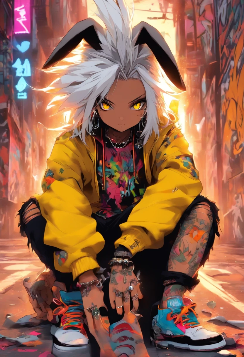 A cool and trendy rabbit, white hair, yellow eyes, wearing trendy hip hop clothing, wearing a hoodie, graphic t-shirt and torn jeans, tons of tattoos and piercings, graffiti style background, highly detailed background, perfect masterpiece, high quality, high resolution