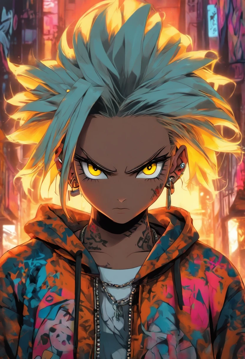 A cool and trendy rabbit, white hair, yellow eyes, wearing trendy hip hop clothing, wearing a hoodie, graphic t-shirt and torn jeans, tons of tattoos and piercings, graffiti style background, highly detailed background, perfect masterpiece, high quality, high resolution