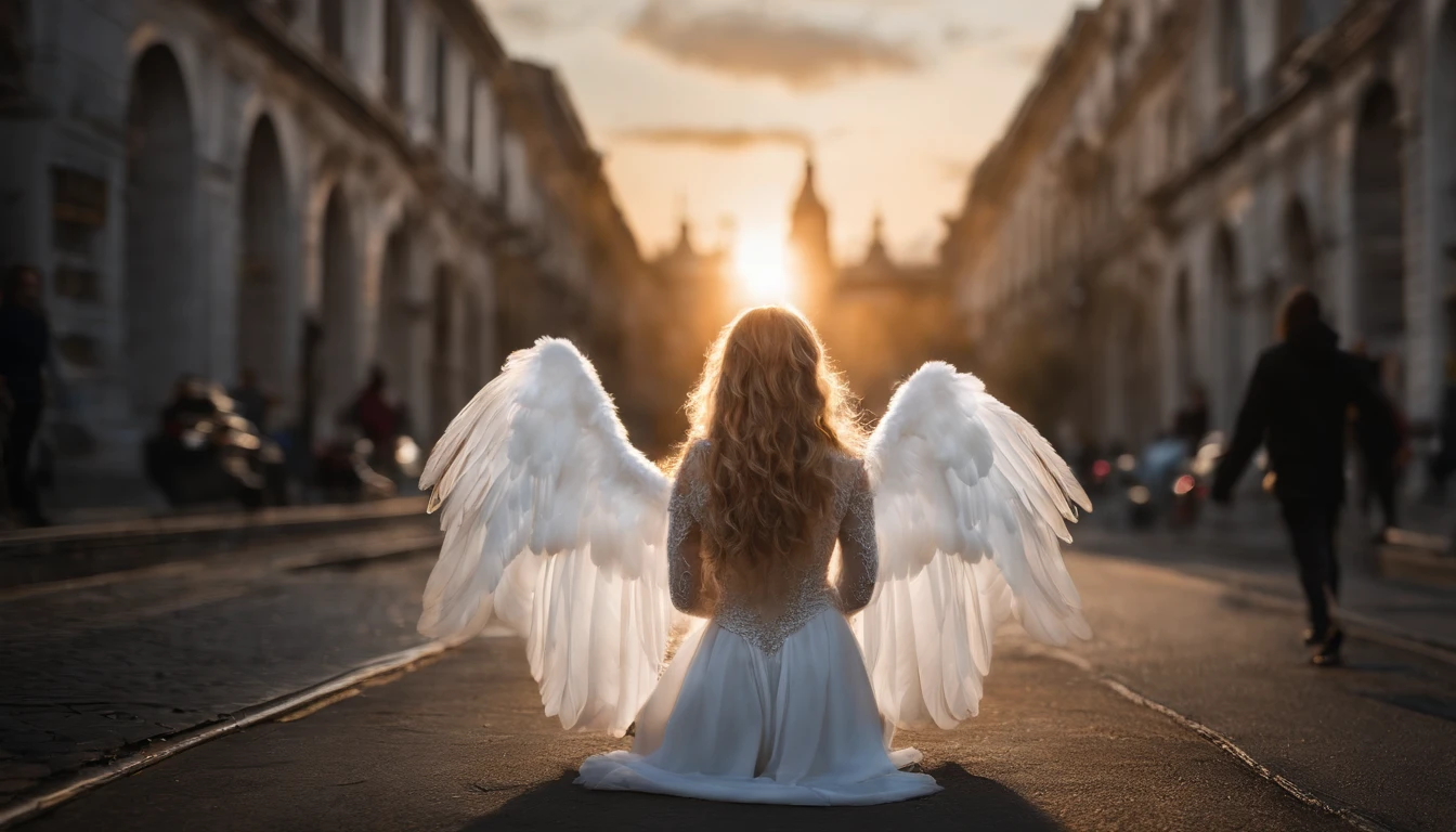 1girl,cabelos dourados,olhos vermelhos,Casaco de trincheira branco longo,[Asas de Anjo Brancas],nas ruas de uma cidade,[roupas com detalhes pretos],olhos brilhantes,[halo of light on the head],dia,[dramatic colors],illustration,ultra-detalhado,[Altas],Realistic explanation: This prompt describes a detailed and realistic illustration of a girl with golden hair and red eyes. She is wearing a long white coat with black details, o que adiciona contraste e estilo ao seu look. The girl is on the streets of a city, surrounded by the hustle and bustle of urban life. His bright red eyes shine with intensity and determination, capture the attention of those who see it. A pair of white angel wings are attached to his back, symbolizing their purity and divine presence in the chaotic city. Atop its head, there is a halo of light, acentuando sua natureza angelical. A cena se passa durante o dia, allowing vibrant and dramatic colors to fill the art and create a visually striking composition. Overall image quality is high, with fine details and a realistic look. It is an illustration created with great attention to detail, providing an immersive and visually appealing experience.
