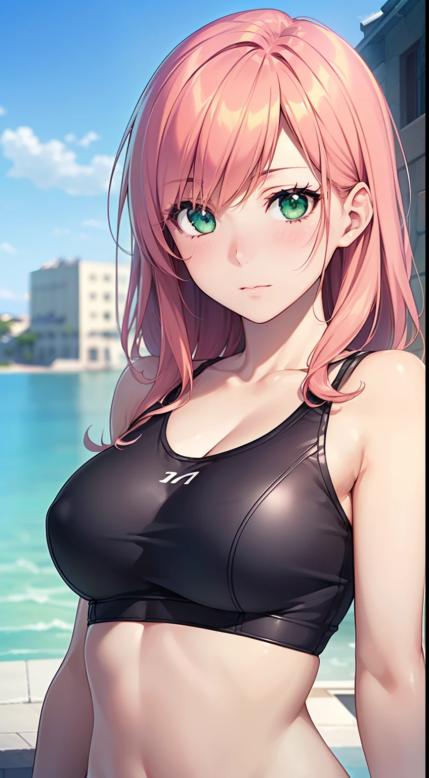 swim wears、hposing Gravure Idol、A pink-haired((masutepiece, Best Quality, hight resolution, nffsw, Perfect Pixel, depth of fields, 4K, nffsw, nffsw))), 1girl in, Single, Solo, Beautiful anime girl, Beautiful Art Style, Anime Character, ((Long hair, Curly hair:0.8)), ((Green eyes:1.4, rounded eyes, Beautiful eyelashes, Realistic eyes)), ((Detailed face, Blushing:1.2)), ((Smooth texture:0.75, Realistic texture:0.65, Photorealistic:1.1, Anime CG style)), medium breasts, Dynamic Angle, Perfect body,