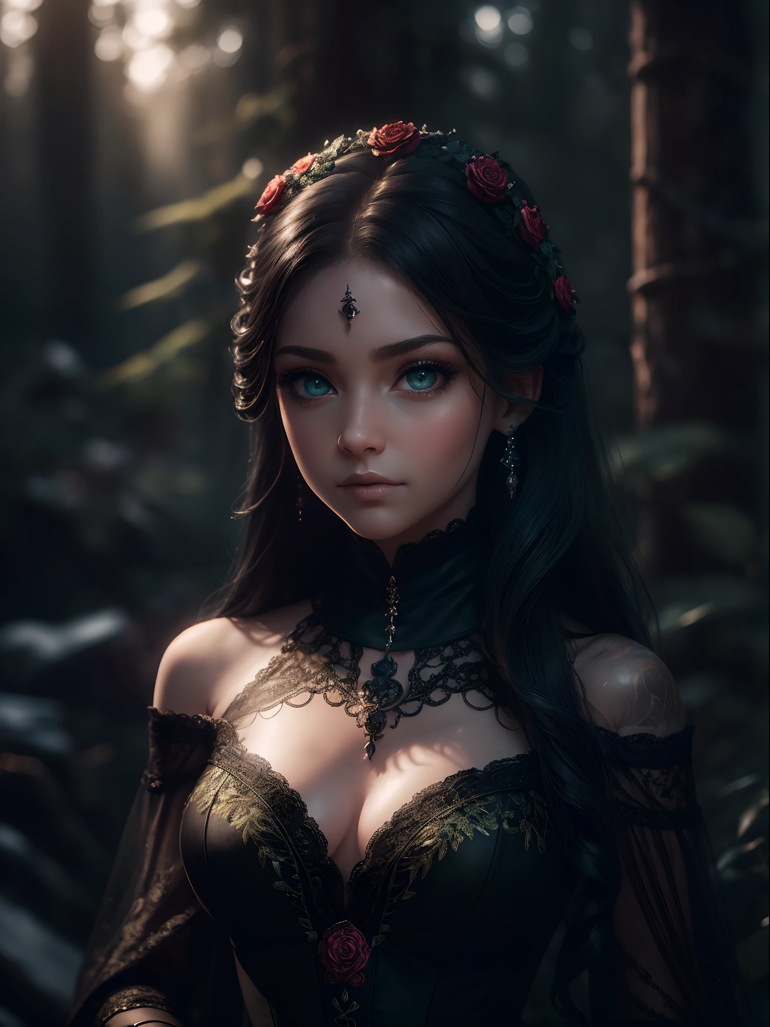 (masterpiece,top quality,realistic), (Upper body close up), cute lady, Girl in black victorian dress, ((intricate embroidery on the dress)) beautiful black dress, detailed dress, off shoulder,(robes,skull trinkets,black roses,skull print), green diamond eyes, various wavy hairstyle, makeup:0.5, lace neck, (earing,neckleace), snow rain forest background, intricate detailed , (highly detailed skin,face,eyes), delicate eyes, ultra hi-res photo, cinematic lighting, 8k, 4k, twilight lights in the scene, diffuse background,