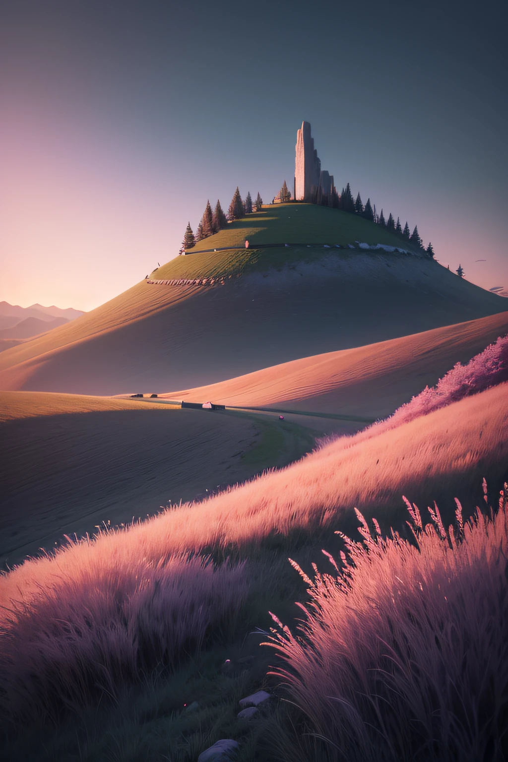 The hillside is covered with grass, Like the steppe,The lens shakes slightly,The sky will be black,the sunset,Sunset taillights appear purple sky,Grayish blue,Grayish pink,The long grass swayed with the slow rhythm of the wind,There was a man sitting quietly on the grass enjoying the wonderful scenery,first person perspective,Ultra-clear details,photography of + Bokeh +Surreal,surreal dream landscape, highly detailed,Hyper-detailing,cinmatic lighting,Dream scenes,Dark,It's getting dark,nigth,4K分辨率,(Contrast ratio 6.3),(Color 7.3)(Scene darkness 7.3),(A cinematic scene)
