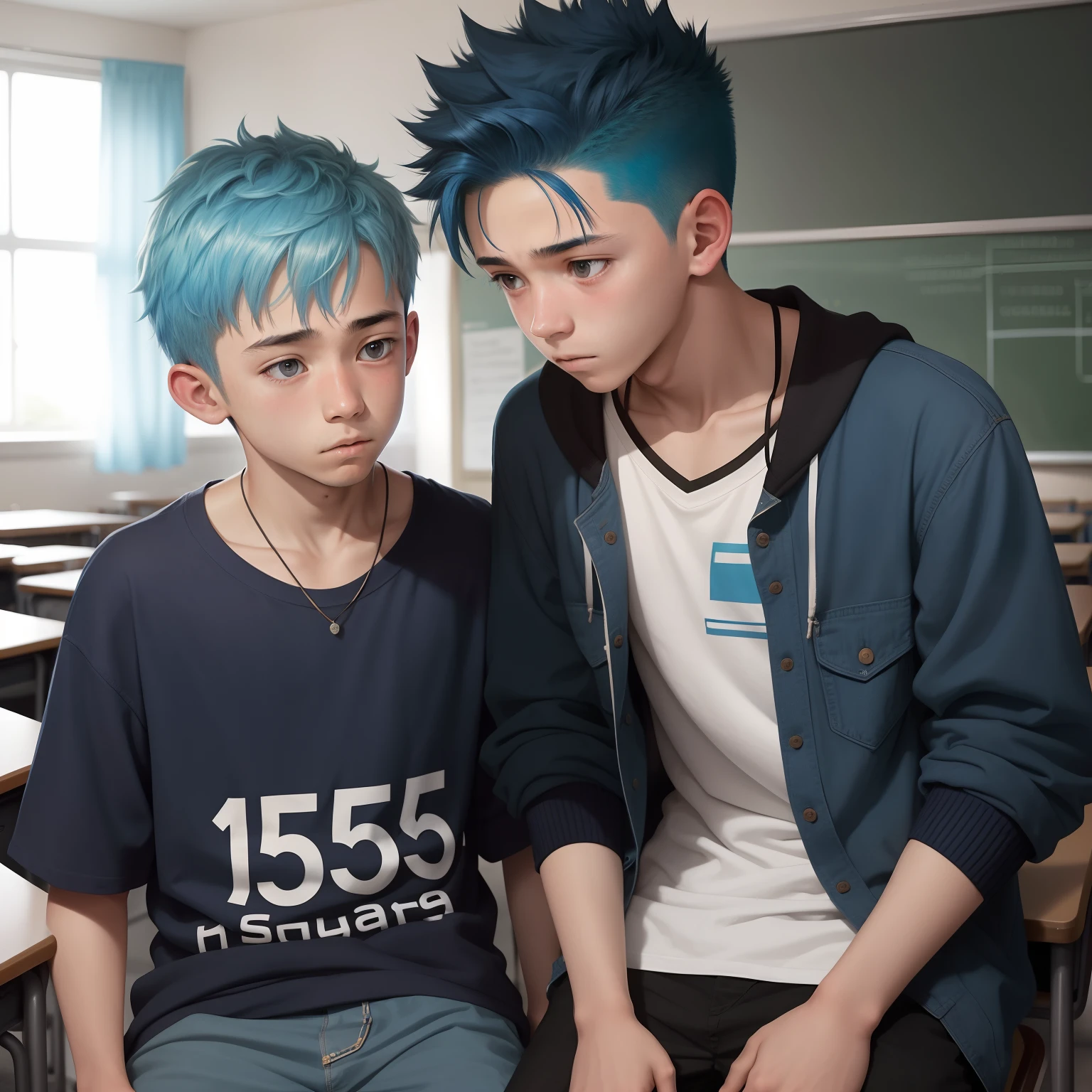 Two young boys, with bright and curious expressions, are intently focused on their drawing pads, creating intricate lines and vibrant colors that bring their characters to life. Their stylish, cartoonish drawings depict same-sex relationships, revealing their open-minded and accepting worldview. Surrounded by soft, warm studio illumination, they proudly display their creations, a testament to their creativity and individuality, amidst the lush, detailed background of a dense forest.