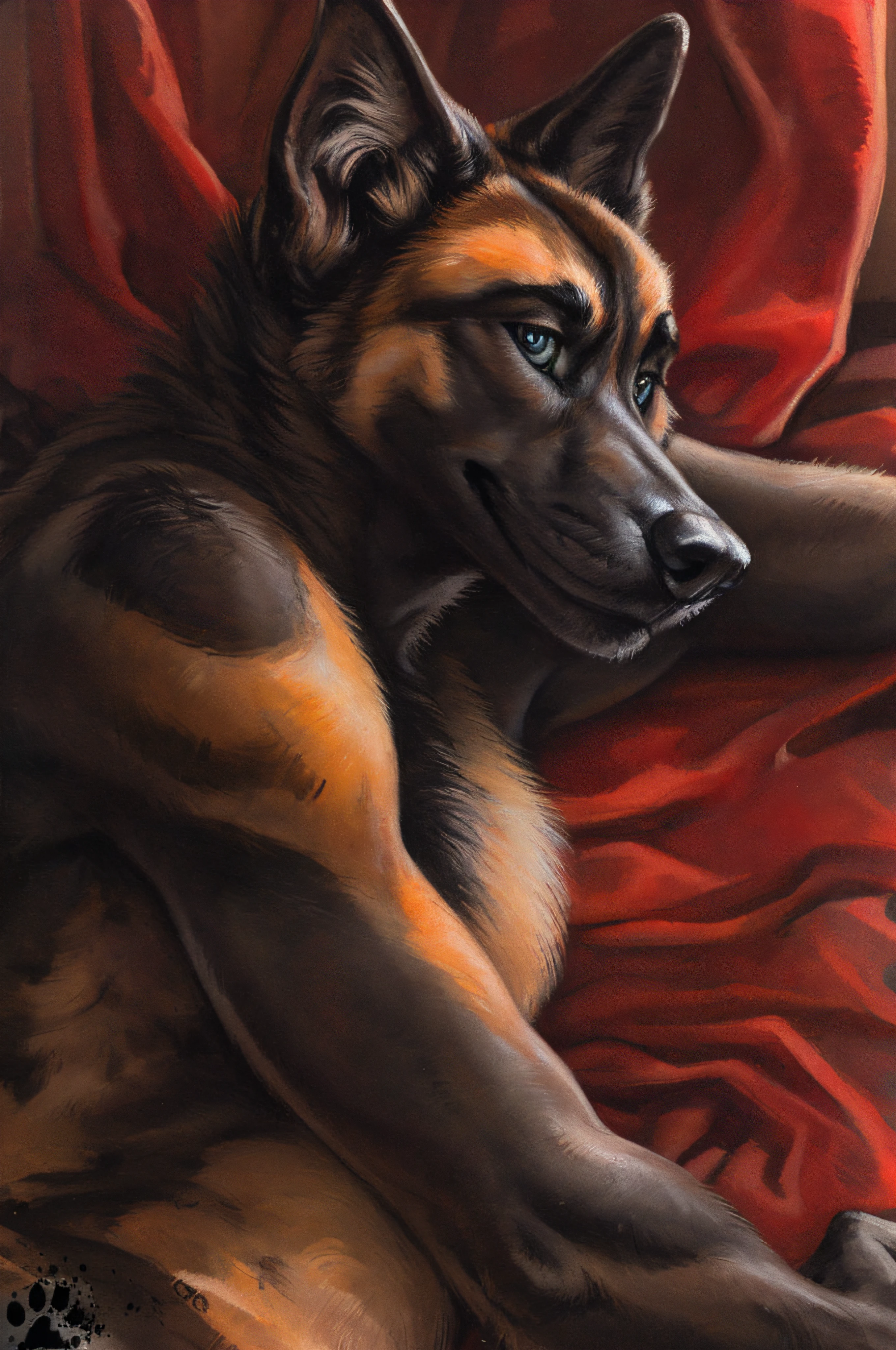 anthro, Belgian Malinois, male, adult, lean body, shaggy fur, thick fur, topless, sheath, balls, Belgian Malinois tail, realistic hands, 5 fingers, black canine claws, realistic fur, laying on side, seductive pose, detailed background, bed background, looking at viewer, realistic eyes, symmetrical eyes, smirking, realistic, photorealistic, ultra realistic, 8k, (by Blotch)