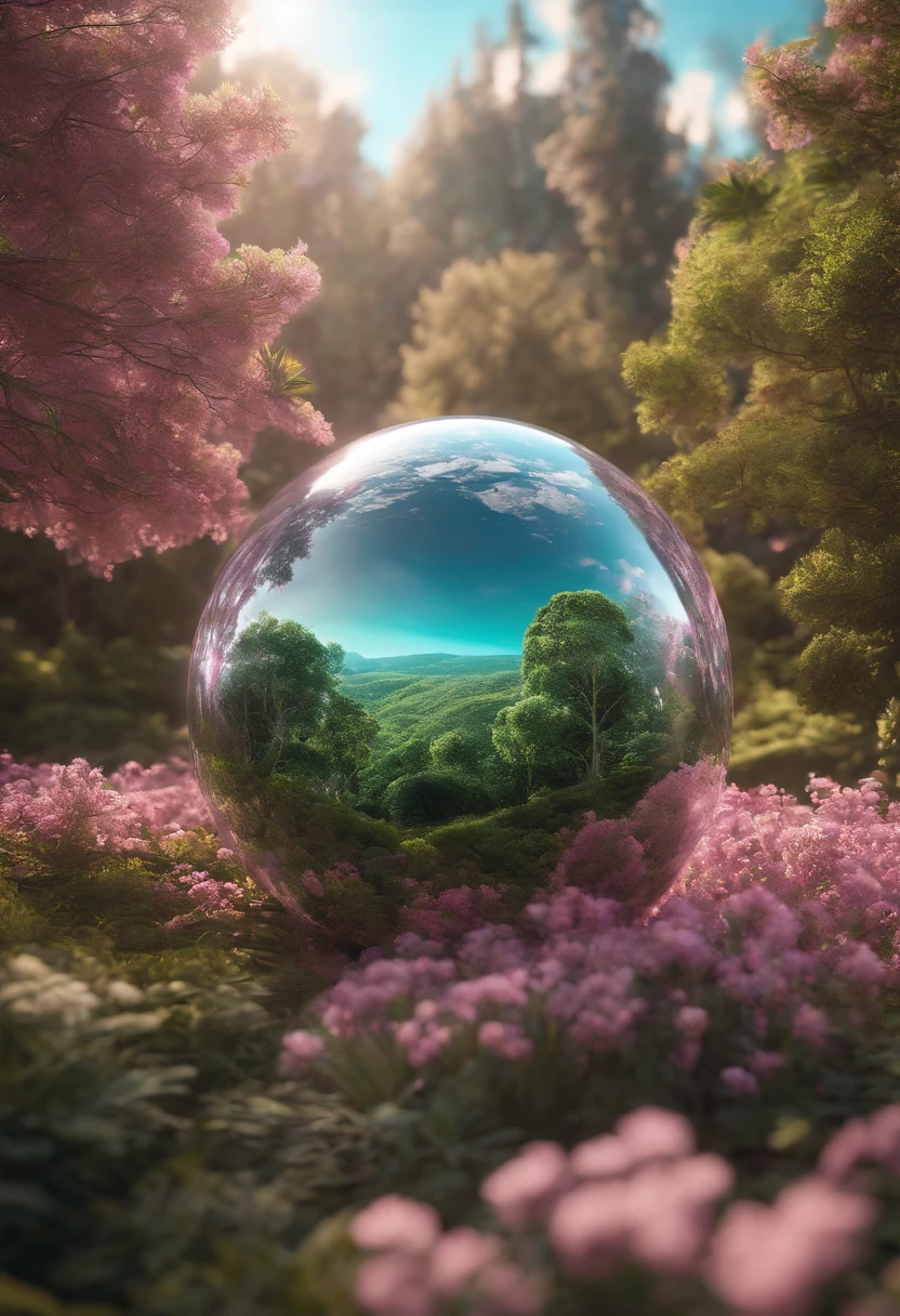 (((masterpiece))) (((best quality))) glass sphere, close-up of a planet with a bunch of trees on it, overgrown planet, green planet, fractal world, fantasy overgrown world, fantasy planet, Dyson sphere, pink planet, 3D render beeple, planetary landscape, round planet inspired by Jofra Bosschart, planet, futuristic world, psychedelic flower planets, ethereal world, (outgoing glow)