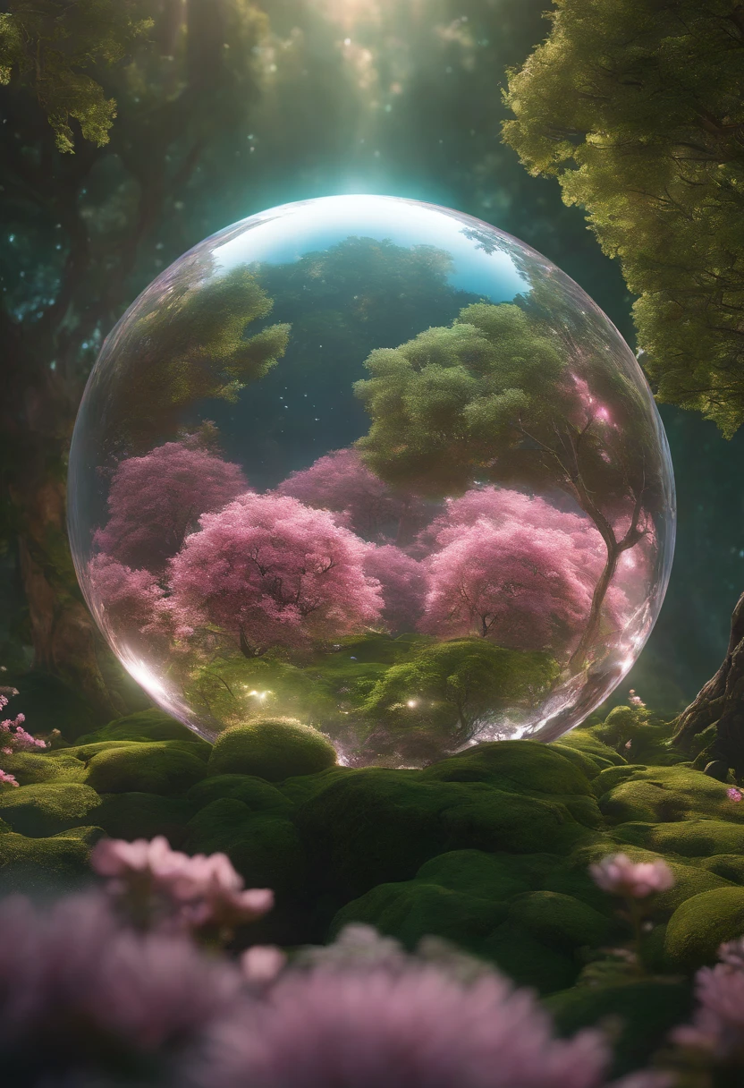 (((masterpiece))) (((best quality))) glass sphere, close-up of a planet with a bunch of trees on it, overgrown planet, green planet, fractal world, fantasy overgrown world, fantasy planet, Dyson sphere, pink planet, 3D render beeple, planetary landscape, round planet inspired by Jofra Bosschart, planet, futuristic world, psychedelic flower planets, ethereal world, (outgoing glow)