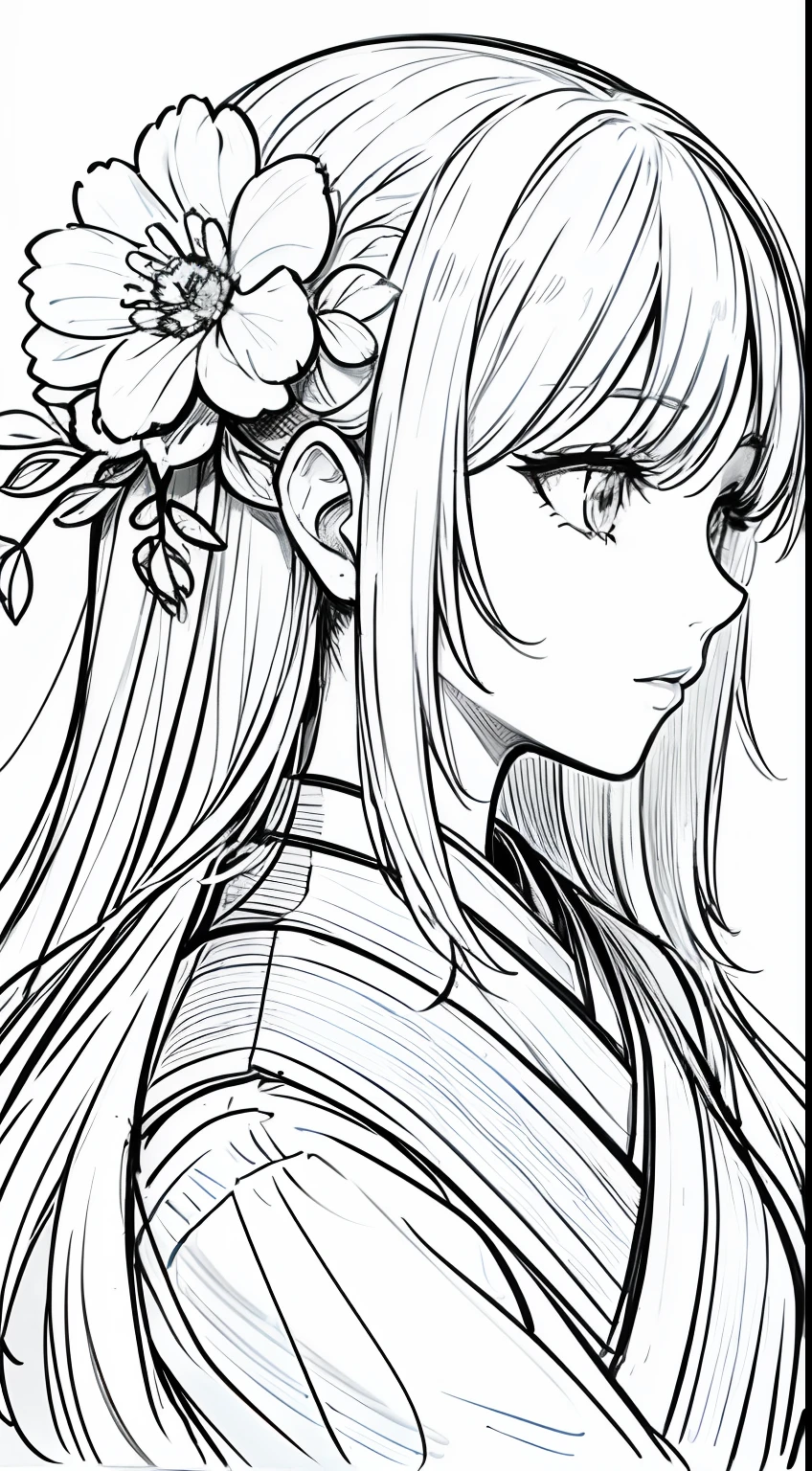 masterpiece, acura, doll, solo, hanfu, long hair, profile close-up, flower line drawing background, white background, monochrome, line drawing, ((sketch))
