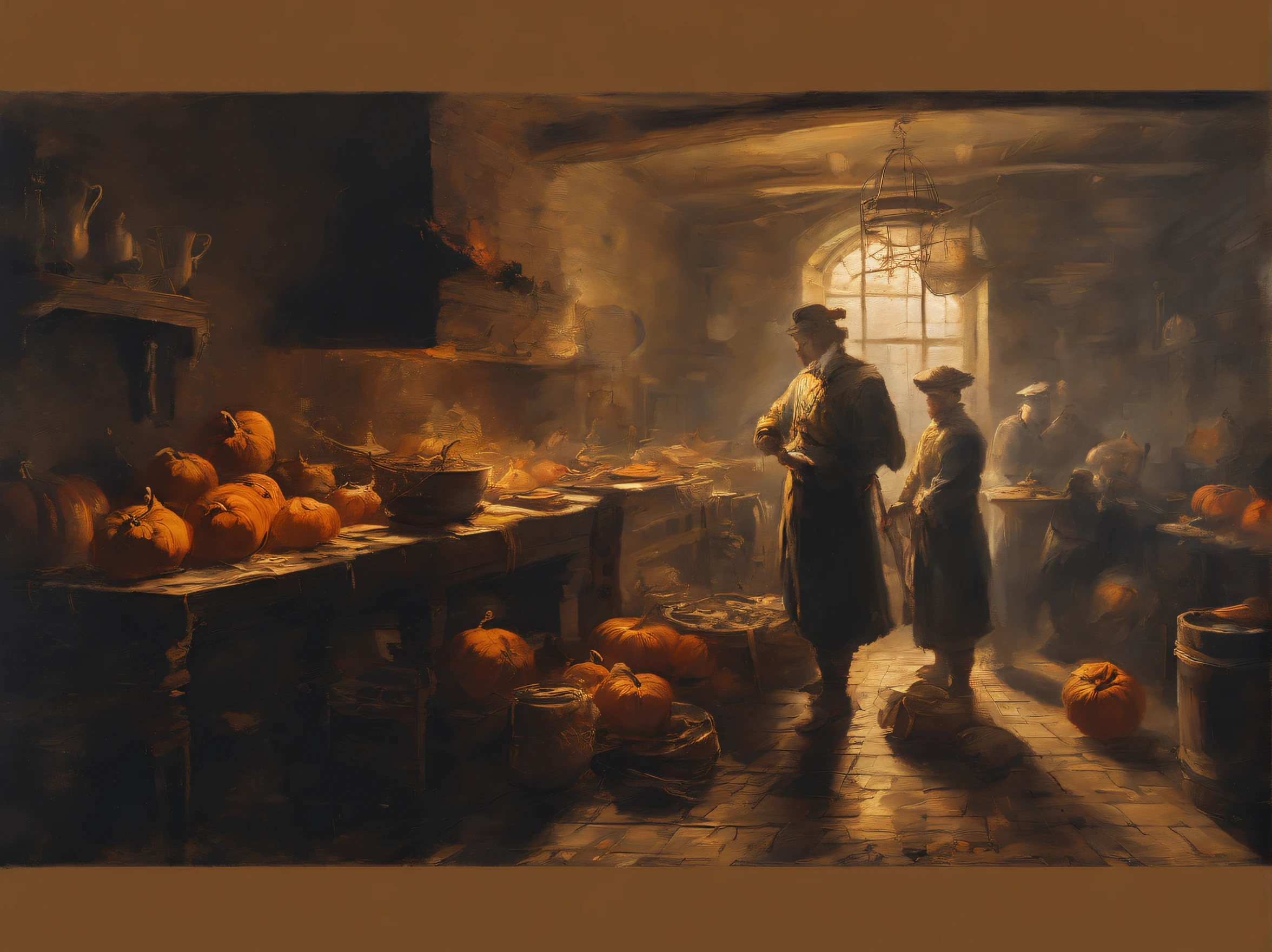oil painting, heavy brushstrokes, paint drips, A scene of a kitchen with staff preparing pumkins, Baroque, dramatic contrasts between light and dark, emotional intensity, tenebrism, soft edges, oil on canvas, romanticism, baroque, realism, chiaroscuro, Dutch Golden Age, impasto, by Rembrandt van Rijn, by Rembrandt, rich, deep colors, layered image shaded by cells, golden ratio, award winning, professional, highly detailed, intricate, volumetric lighting, gorgeous, masterpiece, sharp focus, depth of field, perfect composition, award winner, artstation, acrylic painting, pixiv fanbox trends, palette knife and brush strokes, 16k hi-res, uhd